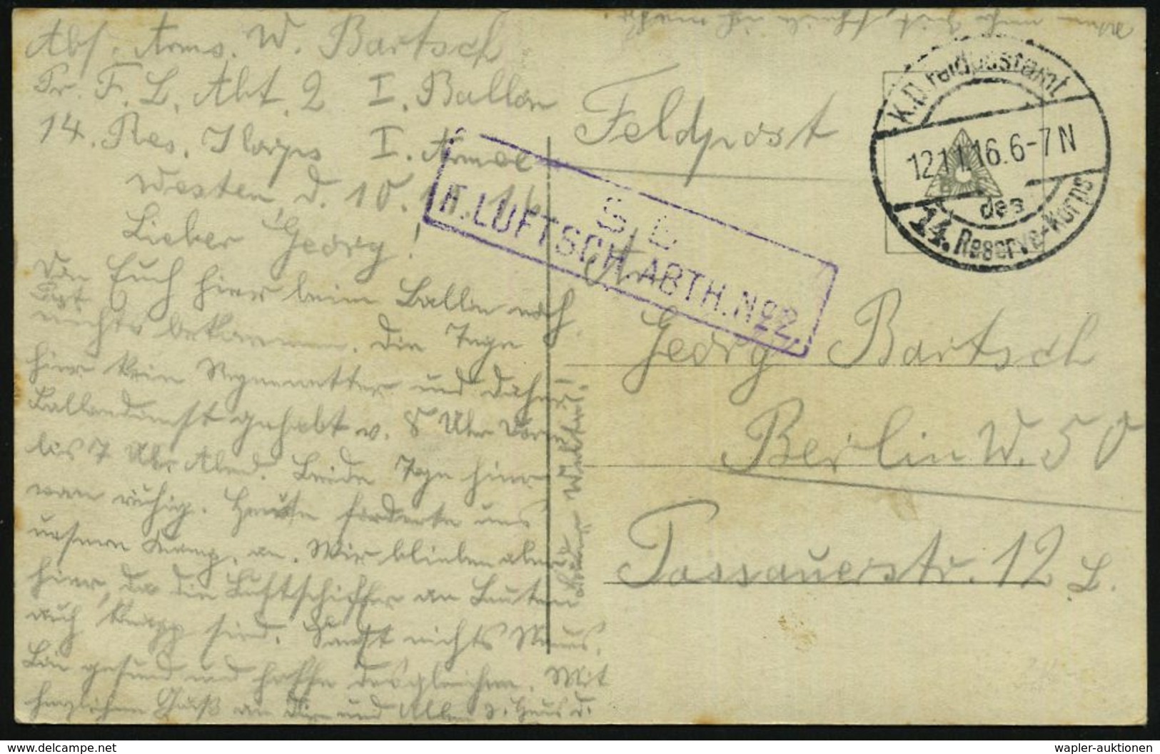 LUFTFELDPOST 1914-18 LUFTSCHIFFE & LUFTSCHIFFER-EINHEITEN : DEUTSCHES REICH 1916 (12.11.) 1K-Brücke: K. D. Feldpostamt/d - Zeppelins