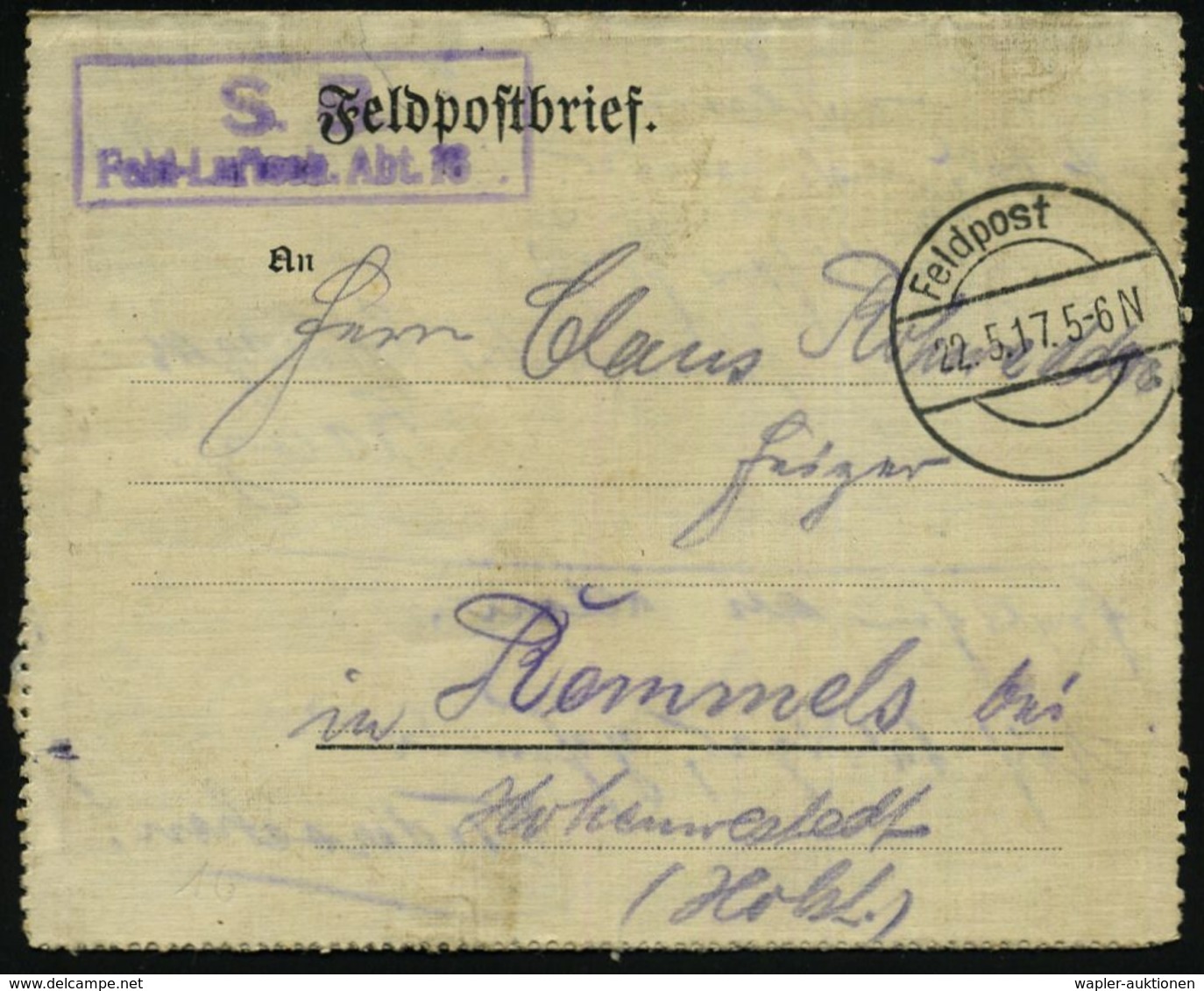 LUFTFELDPOST 1914-18 LUFTSCHIFFE & LUFTSCHIFFER-EINHEITEN : DEUTSCHES REICH 1917 (22.5.) Aptierte 1K-Brücke: Feldpost =  - Zeppeline