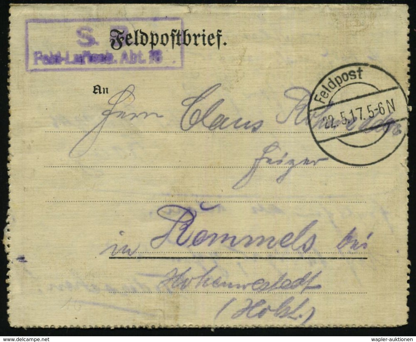 LUFTFELDPOST 1914-18 LUFTSCHIFFE & LUFTSCHIFFER-EINHEITEN : DEUTSCHES REICH 1917 (22.5.) Aptierte 1K-Brücke: Feldpost =  - Zeppelins