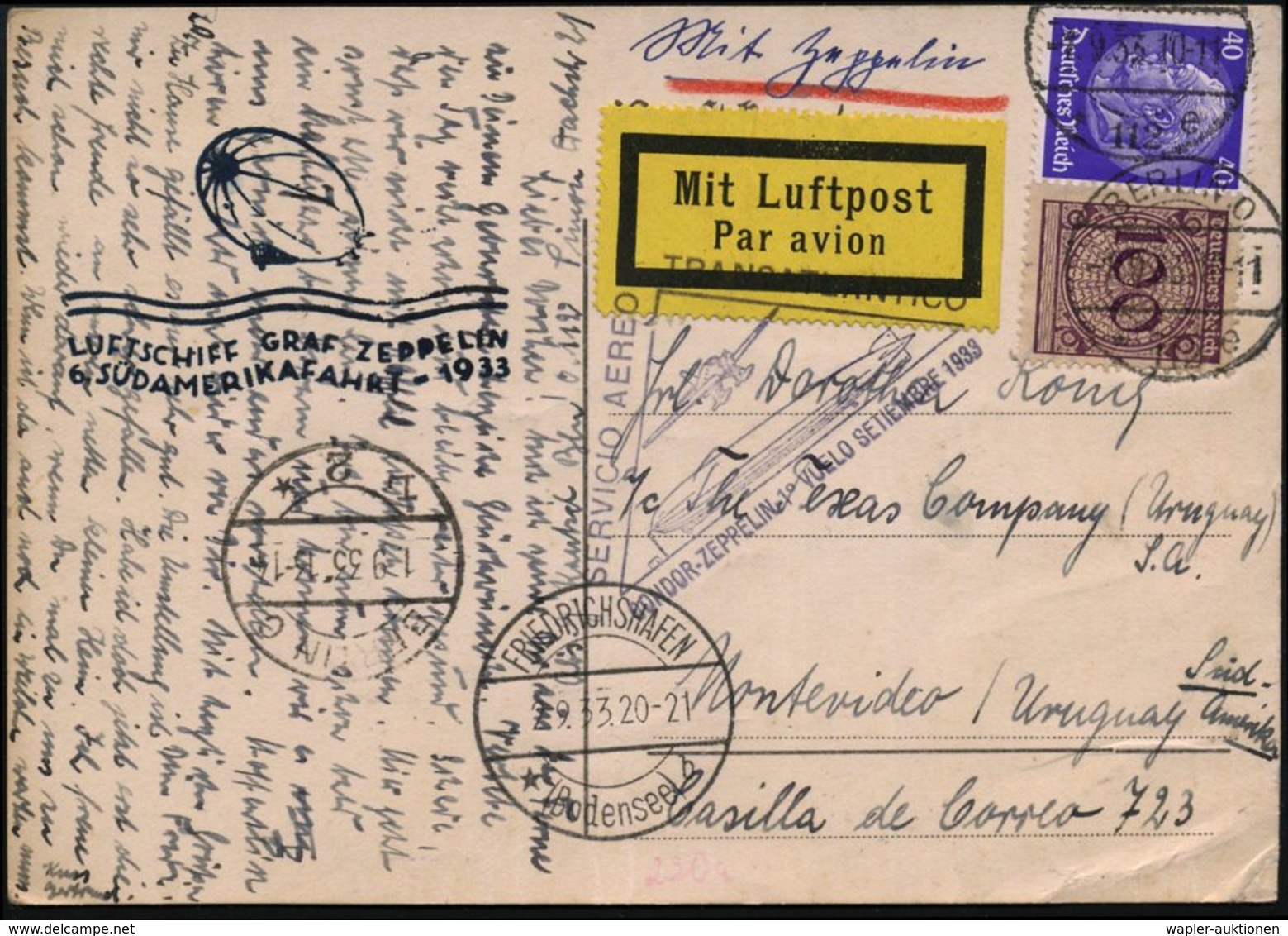 ZEPPELINPOST / ZEPPELIN-BELEGE : BERLIN,O/ *112e 1933 (1.9.) 1K-Brücke Auf 100 Pf. Korbdeckel U. 40 Pf. Hindenbg. + Blau - Zeppeline