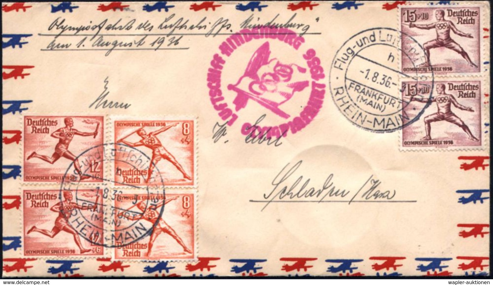 ZEPPELINPOST / ZEPPELIN-BELEGE : DEUTSCHES REICH 1936 (1.8.) Olympiafahrt "Luftschiff Hindenburg", Frankat. Oly. 2x 8+4  - Zeppelins