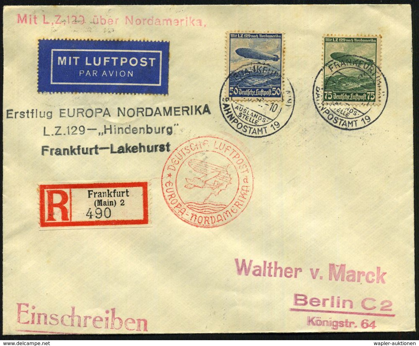 ZEPPELINPOST / ZEPPELIN-BELEGE : FRANKFURT (MAIN)/ C/ AUSLANDS-/ STELLE/ BAHNPOSTAMT 19 1936 (3.5.) 2K-Steg Auf Kompl. Z - Zeppelin