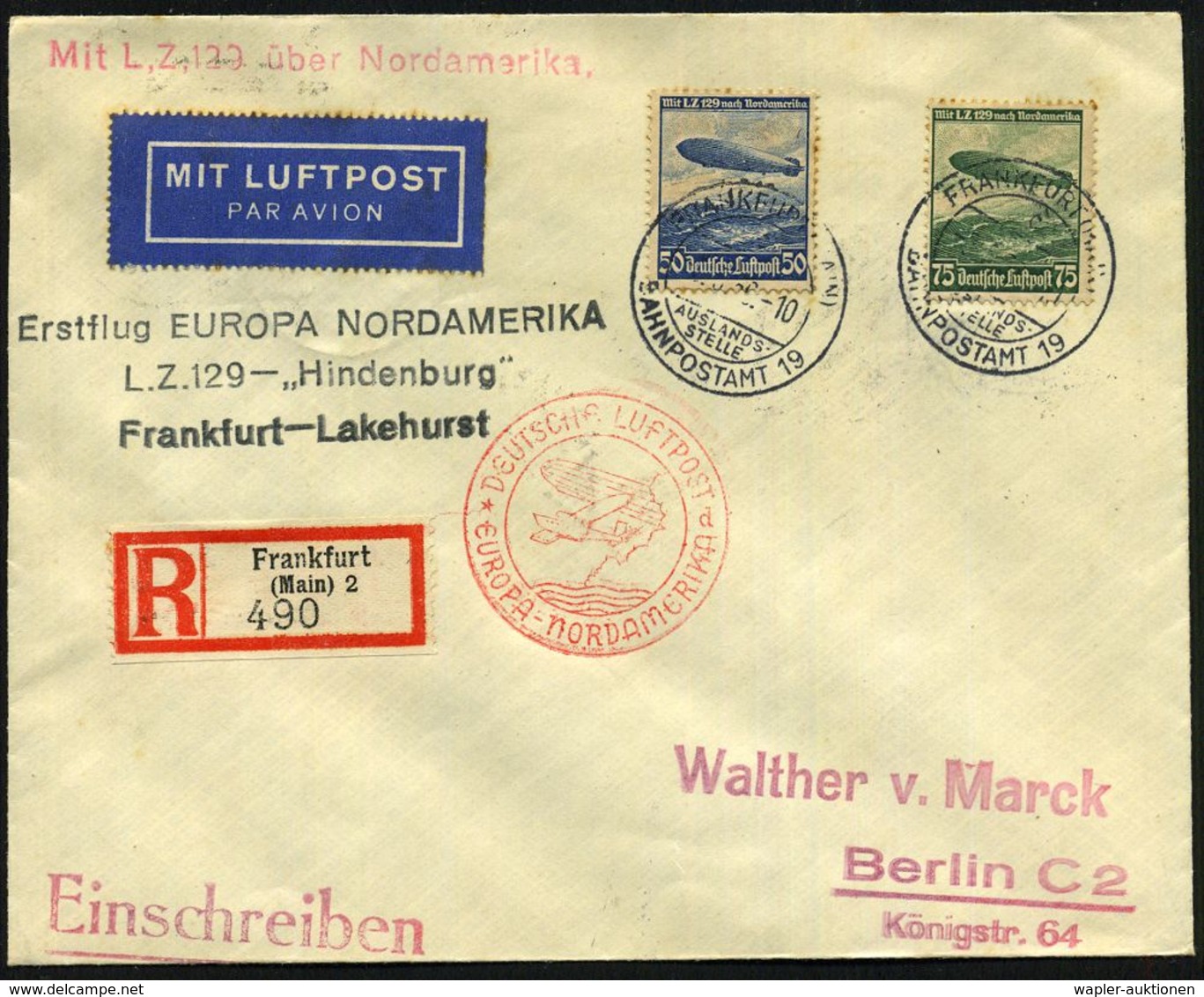 ZEPPELINPOST / ZEPPELIN-BELEGE : FRANKFURT (MAIN)/ C/ AUSLANDS-/ STELLE/ BAHNPOSTAMT 19 1936 (3.5.) 2K-Steg Auf Kompl. Z - Zeppelins
