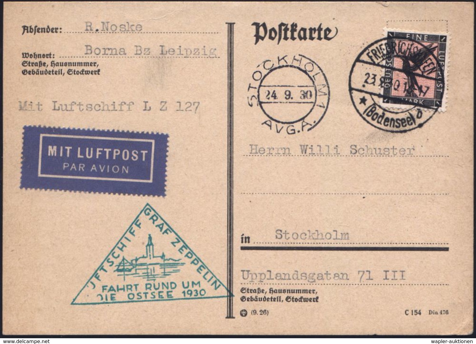 ZEPPELINPOST / ZEPPELIN-BELEGE : FRIEDRICHSHAFEN/ *(Bodensee)b 1930 (23.9.) 1K-Brücke Auf EF 1 Mk. Adler (Mi.382 ,EF + 3 - Zeppeline