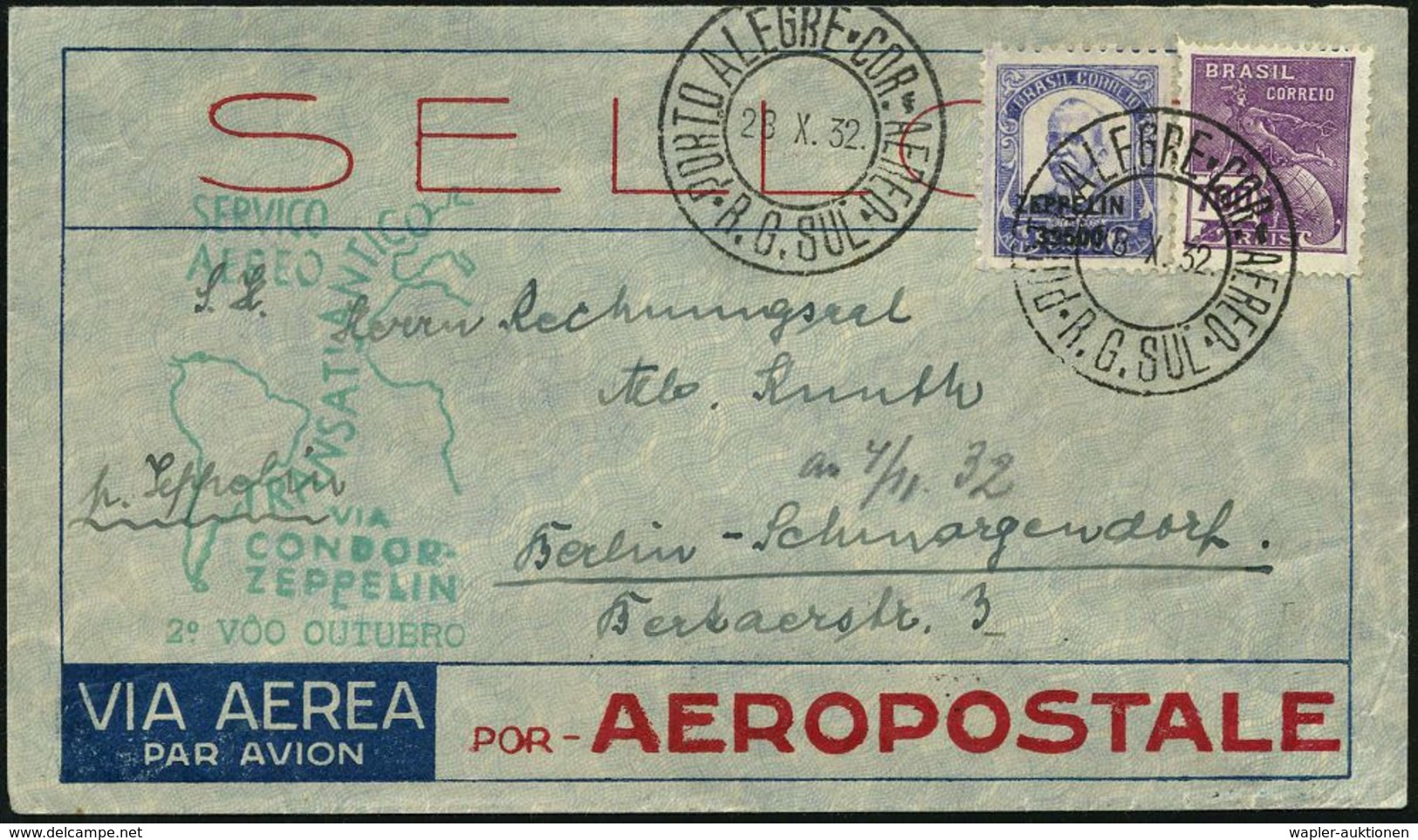 ZEPPELINPOST / ZEPPELIN-BELEGE : BRASILIEN 1932 (28.10.) 9. S.A.-Rückfahrt, Frankatur 3$500 Zeppelin U.a. (Mi.369, + 55. - Zeppeline