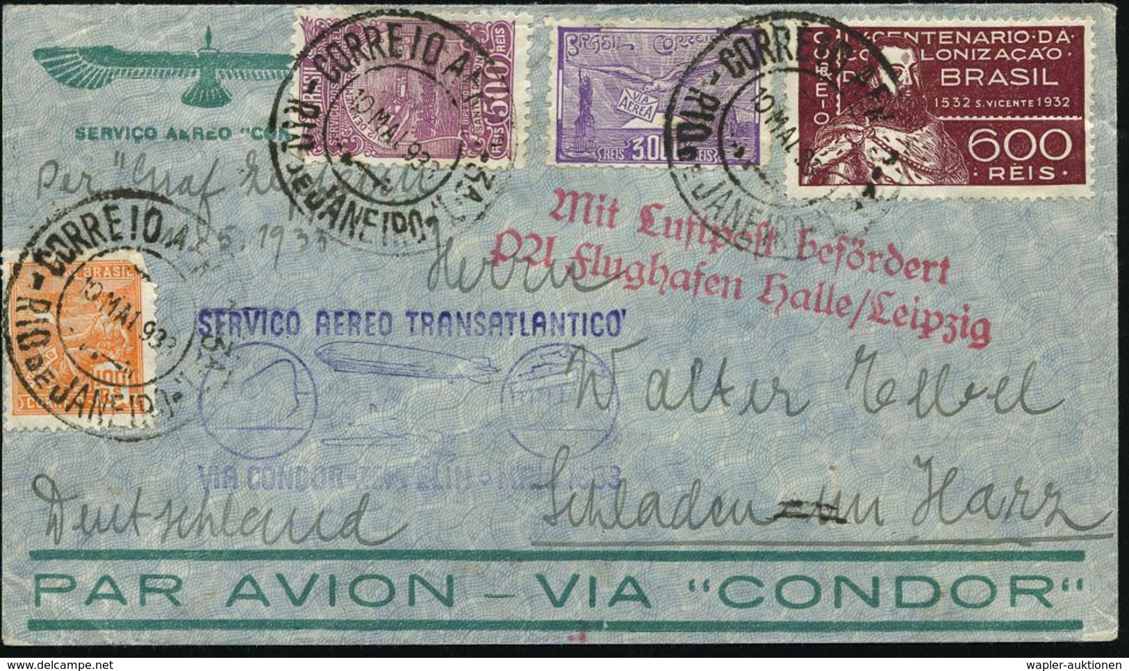 ZEPPELINPOST / ZEPPELIN-BELEGE : BRASILIEN 1933 (10.5.) 1. S.A.-Rückfahrt, Flp.-Frankatur 500 Rs., 3000 Rs. Etc. (Mi.337 - Zeppelins