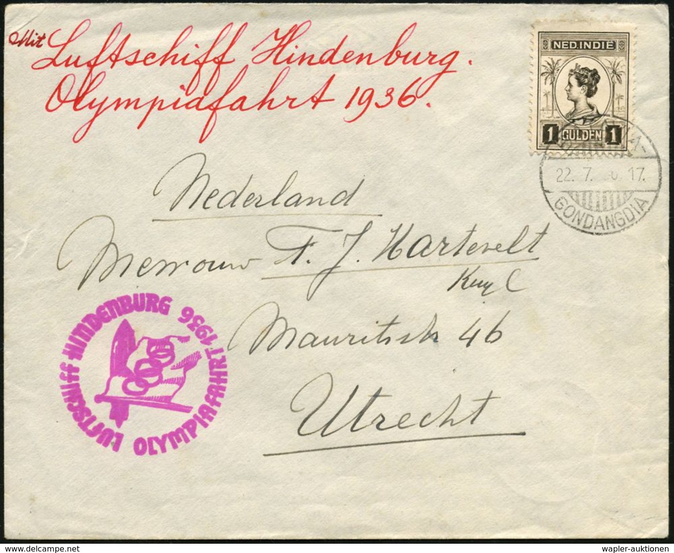 ZEPPELINPOST / ZEPPELIN-BELEGE : NIEDERLÄND.INDIEN 1936 (22.7.) Olympiafahrt Luftschiff "Hindenburg", (EF Mi.123) Lila Z - Zeppelins