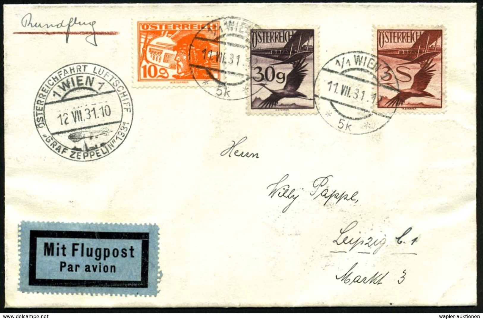 ZEPPELINPOST / ZEPPELIN-BELEGE : ÖSTERREICH 1931 (11.7.) Österreich-Rückfahrt, Flp. 10 Gr., 30 Gr. U. 3 Sch. (Mi.472, 48 - Zeppeline