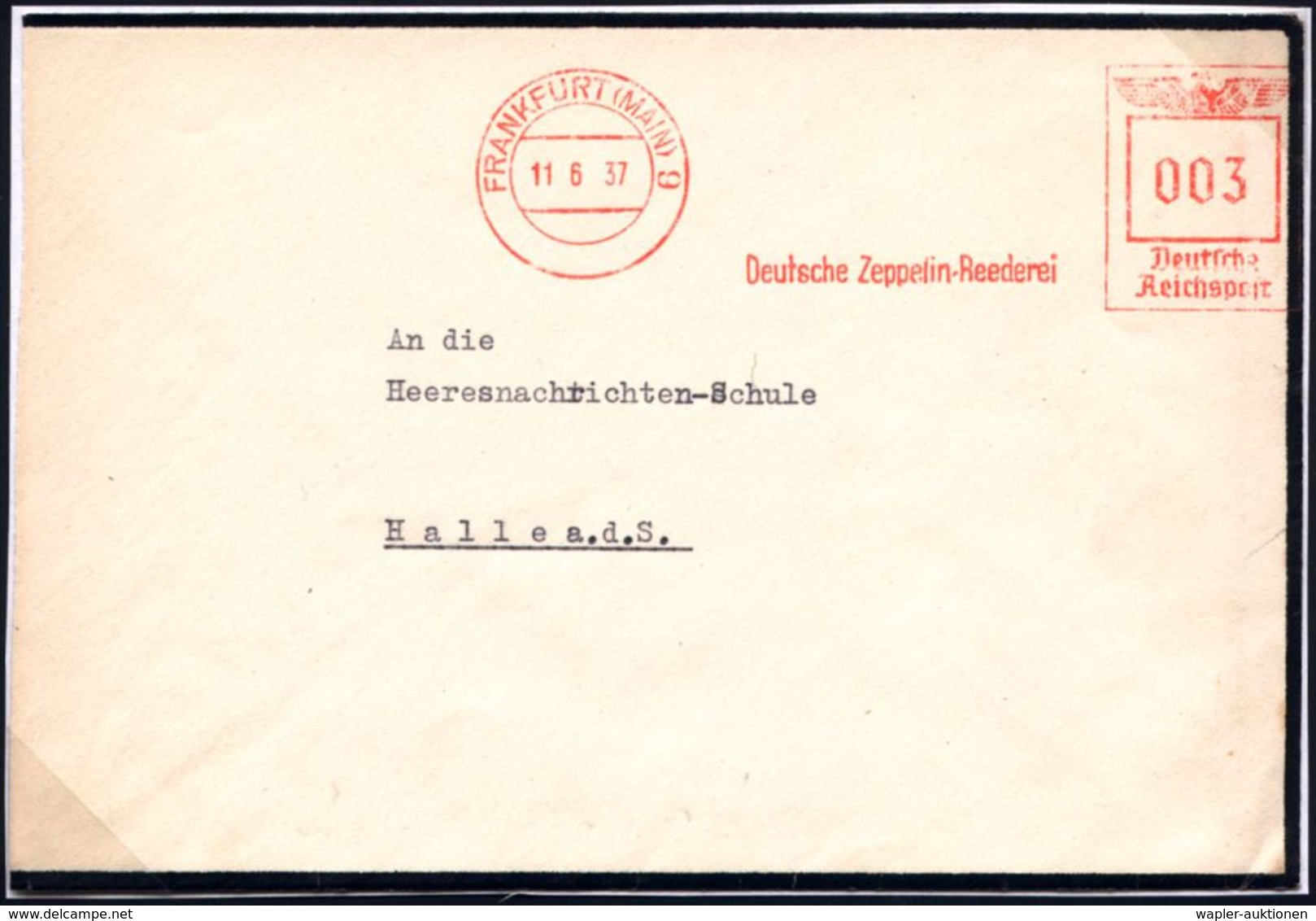 ZEPPELIN-MEMORABILA / ERINNERUNGSBELEGE : FRANKFURT (MAIN)9/ Deutsche Zeppelin-Reederei 1937 (11.6.) AFS 003 Pf. Postamt - Zeppelins