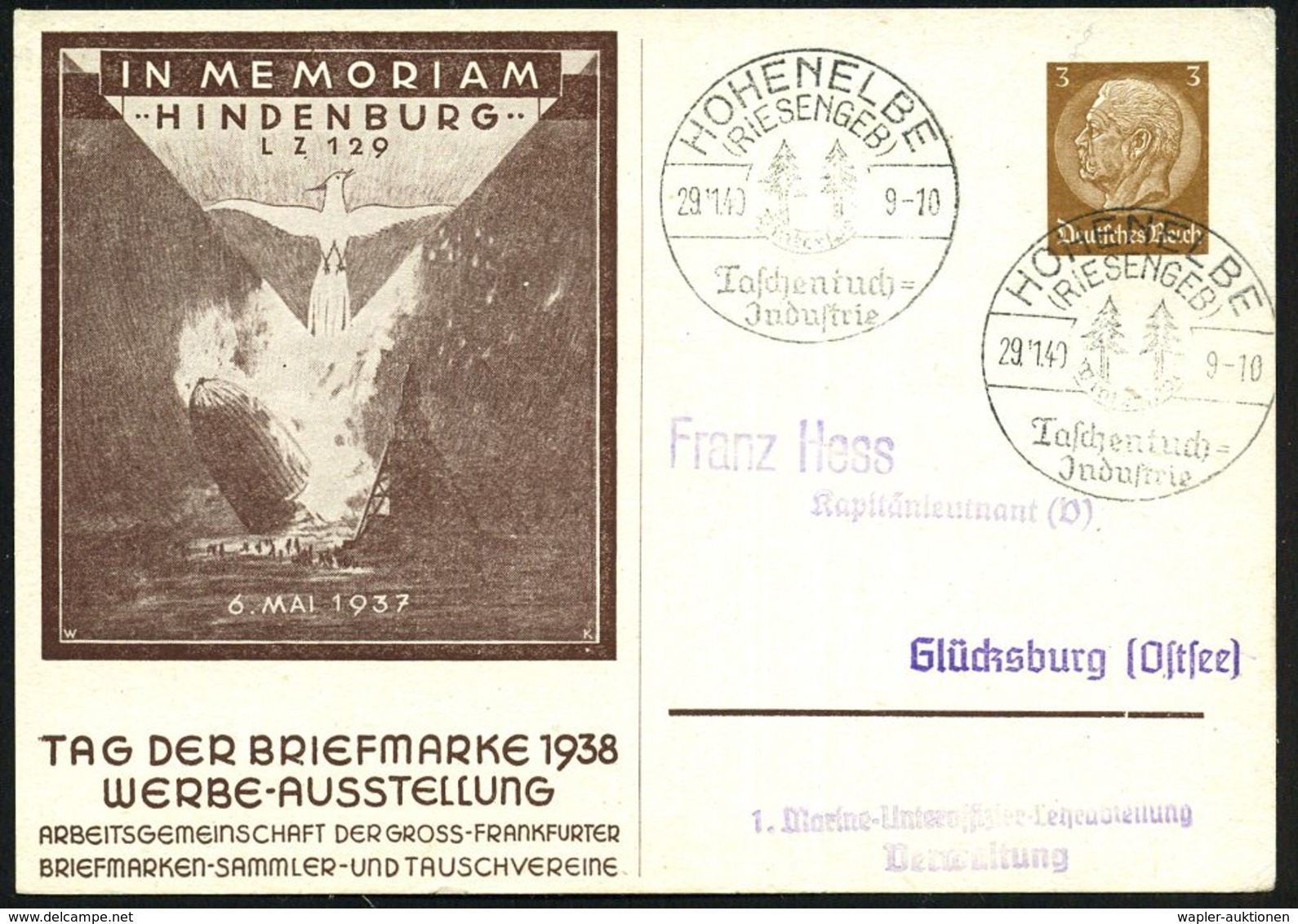 ZEPPELIN-MEMORABILA / ERINNERUNGSBELEGE : HOHENELBE/ (RIESENGEB)/ Taschentuch-/ Jndustrie 1938 (29.11.) HWSt. (Bo. 1) Au - Zeppeline