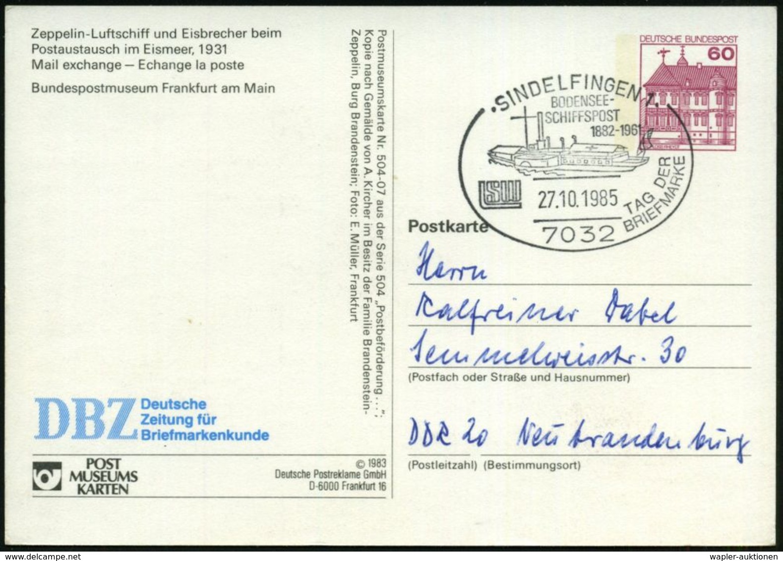 ZEPPELIN-MEMORABILA / ERINNERUNGSBELEGE : 7032 SINDELFINGEN 1/ ..TAG DER/ BRIEFMARKE 1985 (27.10.) SSt Uaf PP 60 Pf. Bur - Zeppeline