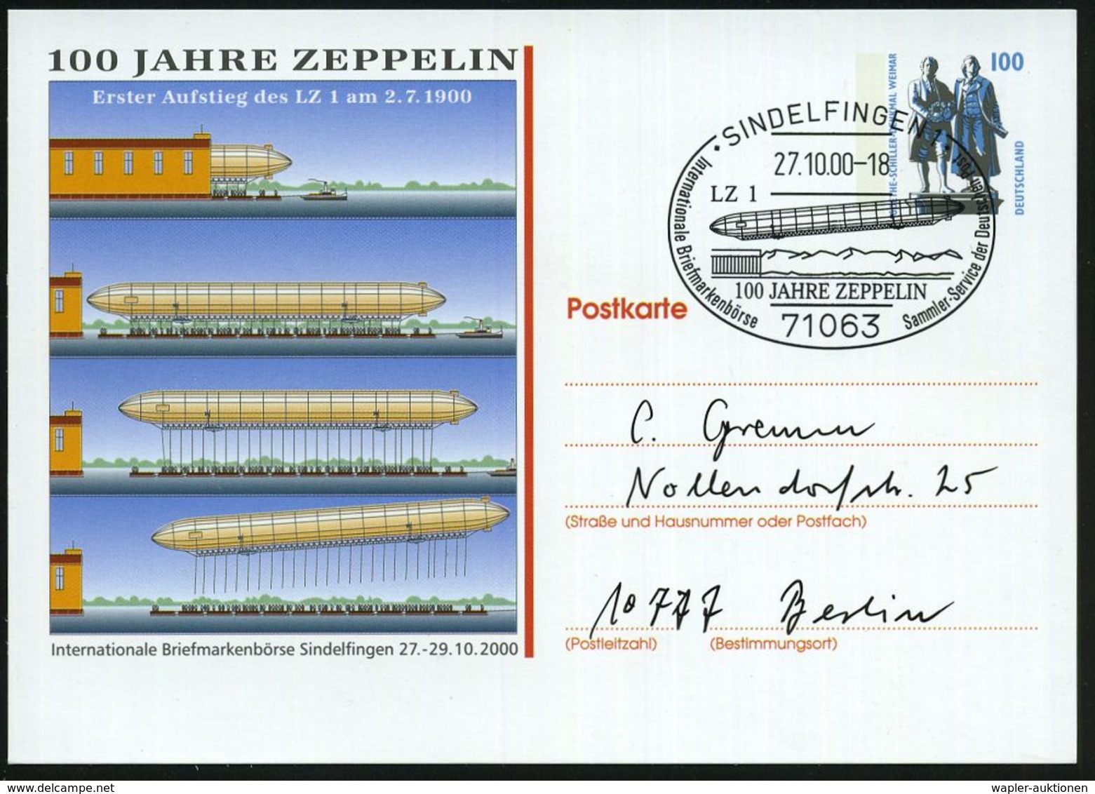 ZEPPELIN-MEMORABILA / ERINNERUNGSBELEGE : 71063 SINDELFINGEN 1/ 100 JAHRE ZEPPELIN.. 2000 (27.10.) SSt = Zeppelin LZ 1 A - Zeppelins