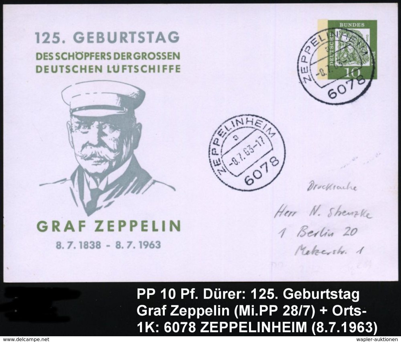 ZEPPELIN-MEMORABILA / ERINNERUNGSBELEGE : 6078 Z E P P E L I N H E I M / A 1963 (9.7.) 1K Auf PP 10 Pf. Dürer, Grün: 125 - Zeppelin