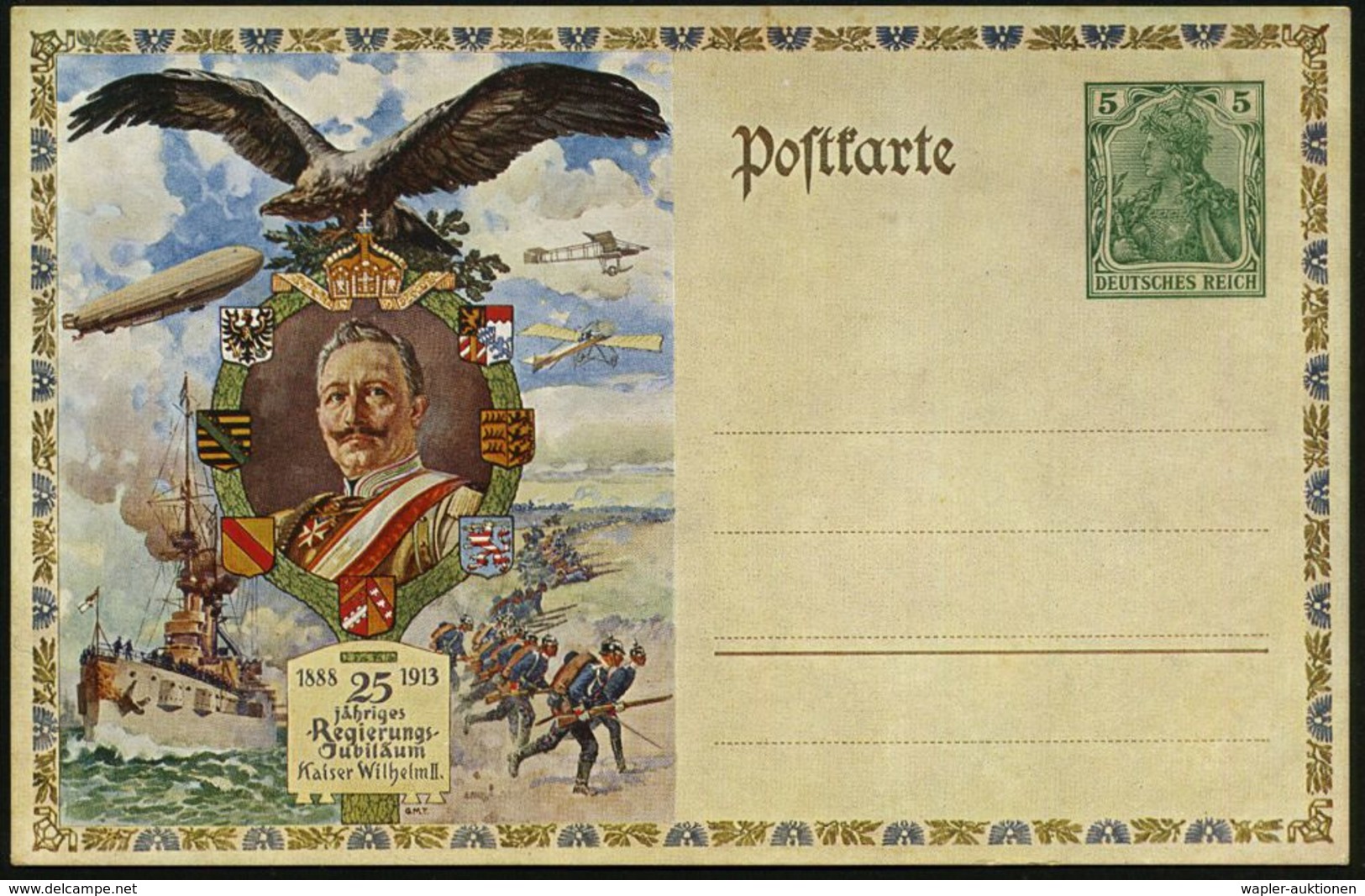 ZEPPELIN-MEMORABILA / ERINNERUNGSBELEGE : DEUTSCHES REICH 1913 PP 5 Pf. Germania: 25. Regierungs-Jubiläum Wilhelm II. Mi - Zeppelins