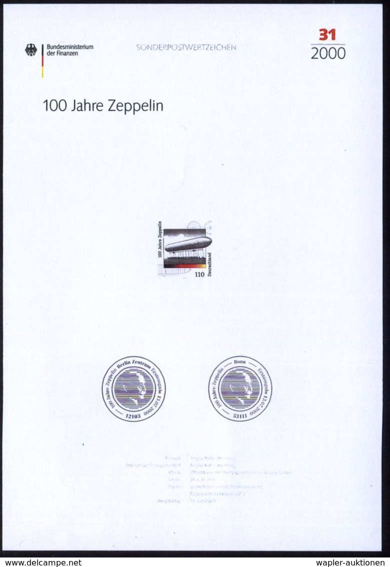 ZEPPELIN-MEMORABILA / ERINNERUNGSBELEGE : B.R.D. 2000 (Juli) 110 Pf. "100 Jahre Zeppelin-Luftschiffe" M. Amtl. Handstemp - Zeppelins