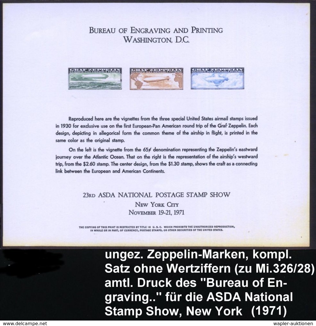 ZEPPELIN-MEMORABILA / ERINNERUNGSBELEGE : U.S.A. 1971 Zeppelinmarken Von 1930 Ohne Wertangabe Als Vorlagebogen Zur ASDA  - Zeppeline