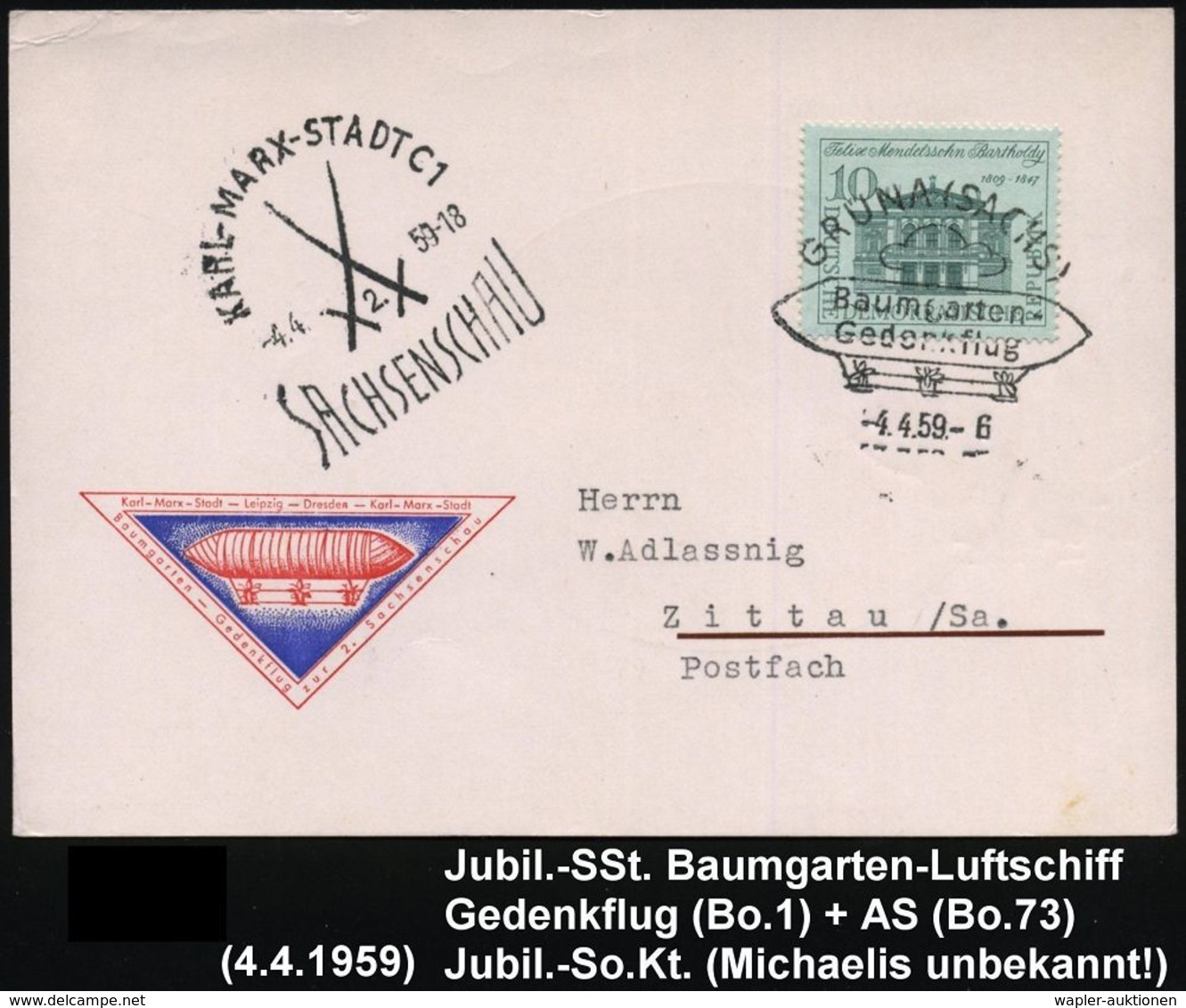 LUFTSCHIFFE (OHNE ZEPPELIN) : GRÜNA (SACHS)/ Baumgarten-/ Gedenkflug 1959 (4.4.) SSt = Baumgarten-Luftschiff ,Sonderpost - Zeppeline