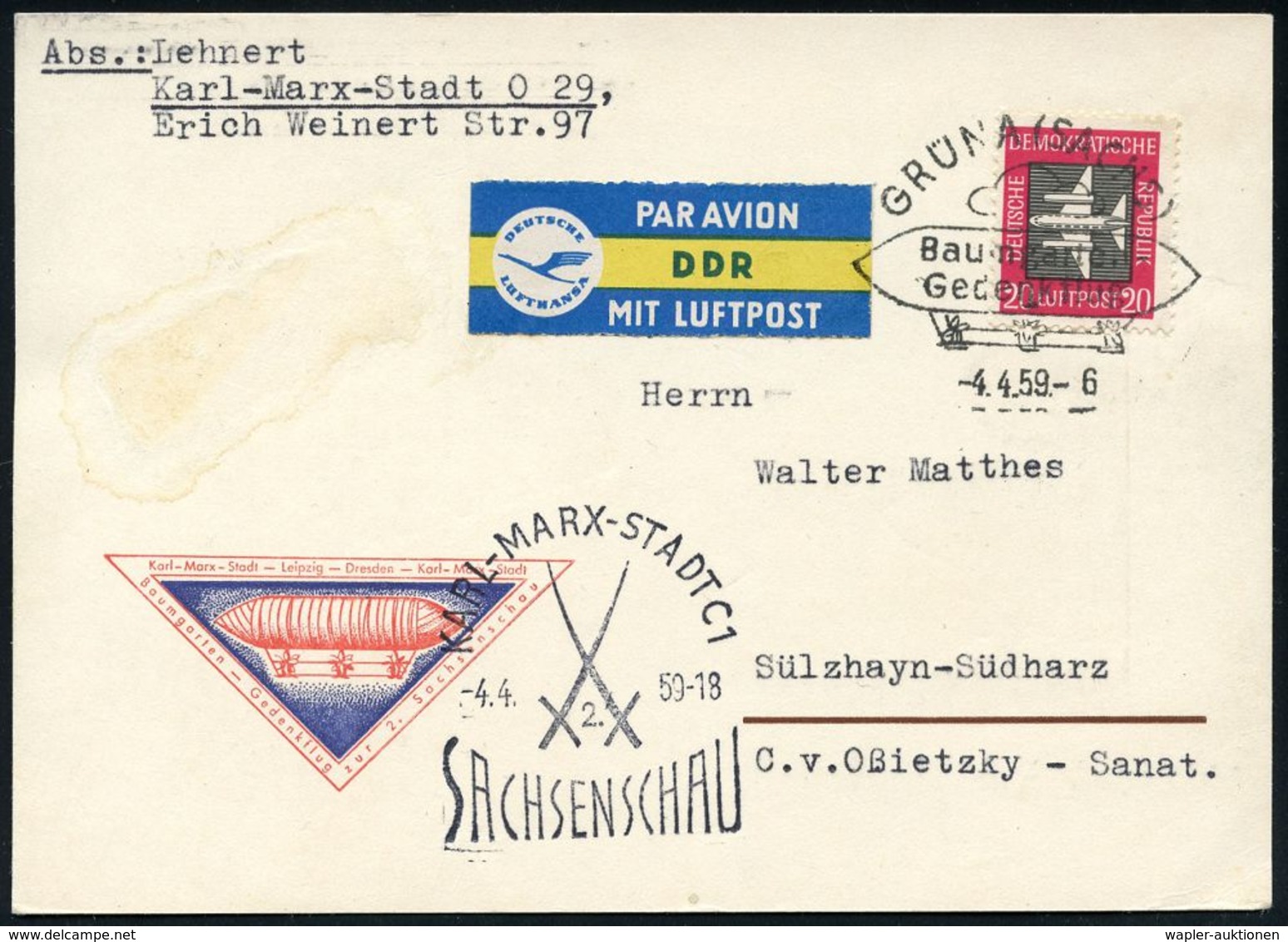 LUFTSCHIFFE (OHNE ZEPPELIN) : GRÜNA (SACHS)/ Baumgarten-/ Gedenkflug 1959 (4.4.) SSt = Baumgarten-Luftschiff , Sonderpos - Zeppelins