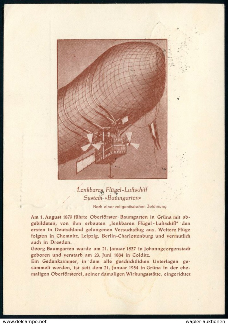 LUFTSCHIFFE (OHNE ZEPPELIN) : GRÜNA (SACHS)/ Baumgarten-/ Gedenkflug 1959 (4.4.) SSt = Baumgarten-Luftschiff , Sonderpos - Zeppelins