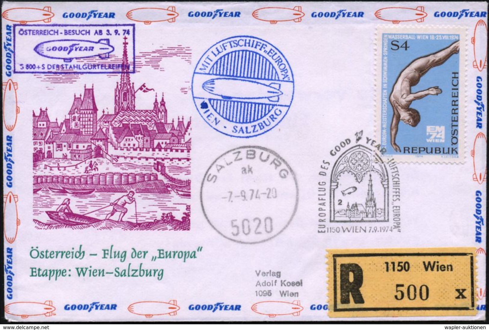 LUFTSCHIFFE (OHNE ZEPPELIN) : ÖSTERREICH 1974 (7.9.) SSt.: 1150 WIEN/EUROPAFLUG DES GOODYEAR-LUFTSCHIFFES "EUROPA" (Luft - Zeppelins