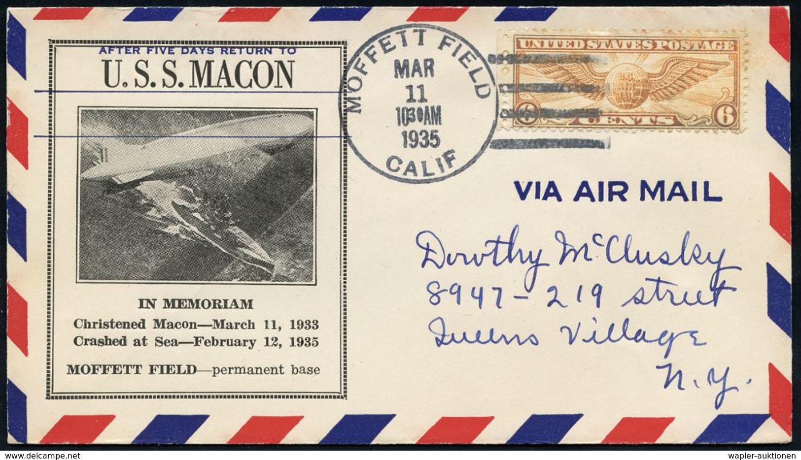 LUFTSCHIFFE (OHNE ZEPPELIN) : U.S.A. 1935 (11.3.) Trauer-SU.: USS MACON IN MEMORIAM.. Crashed At Sea 1935 (Abb. Luftschi - Zeppelin