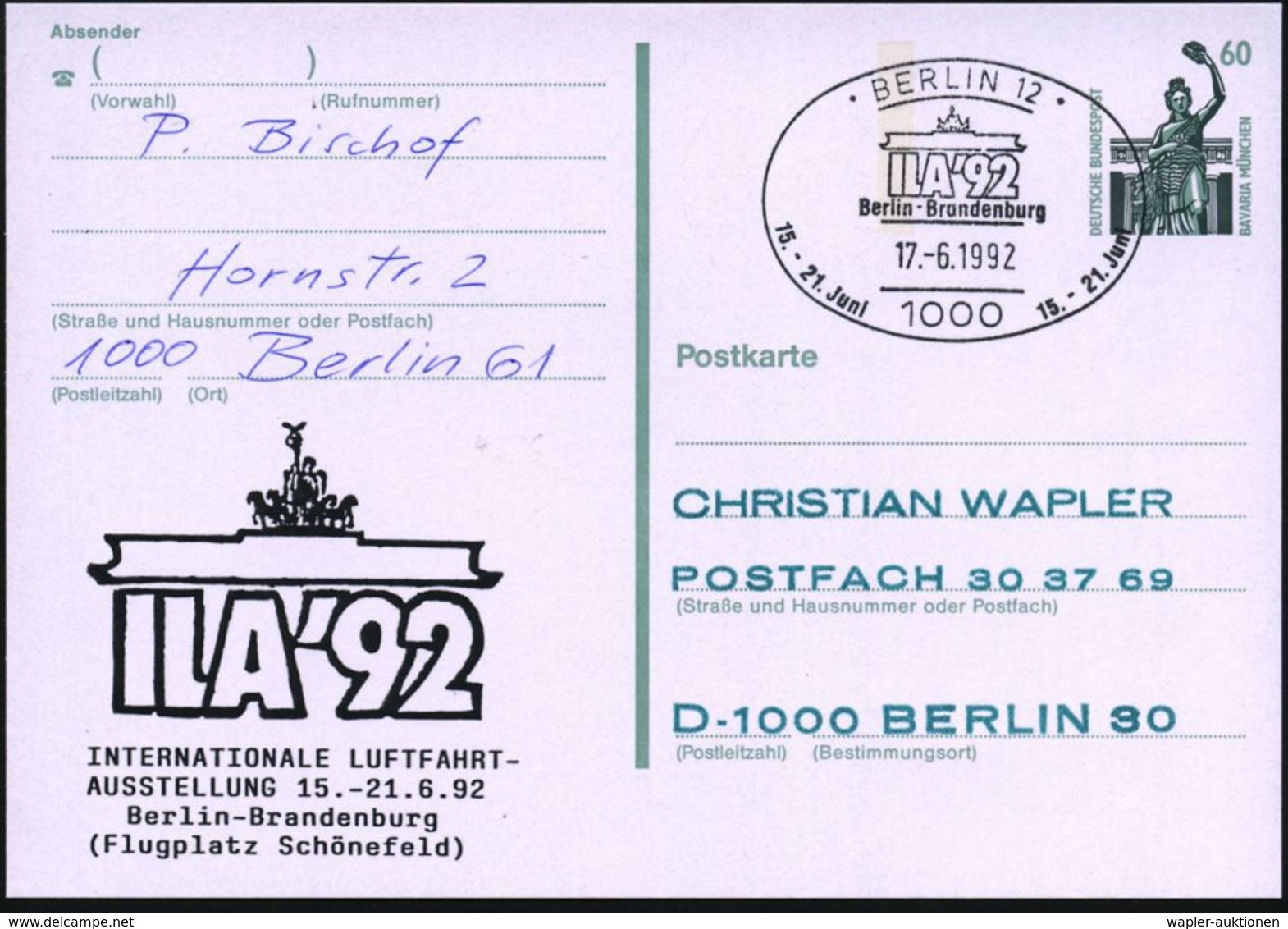 LUFTFAHRT-AUSSTELLUNGEN & KONGRESSE : 1000 BERLIN 12/ ILA'92.. 1992 (16.6.) SSt = Stilis. Brandenbg. Tor = I Nternat. Lu - Airplanes