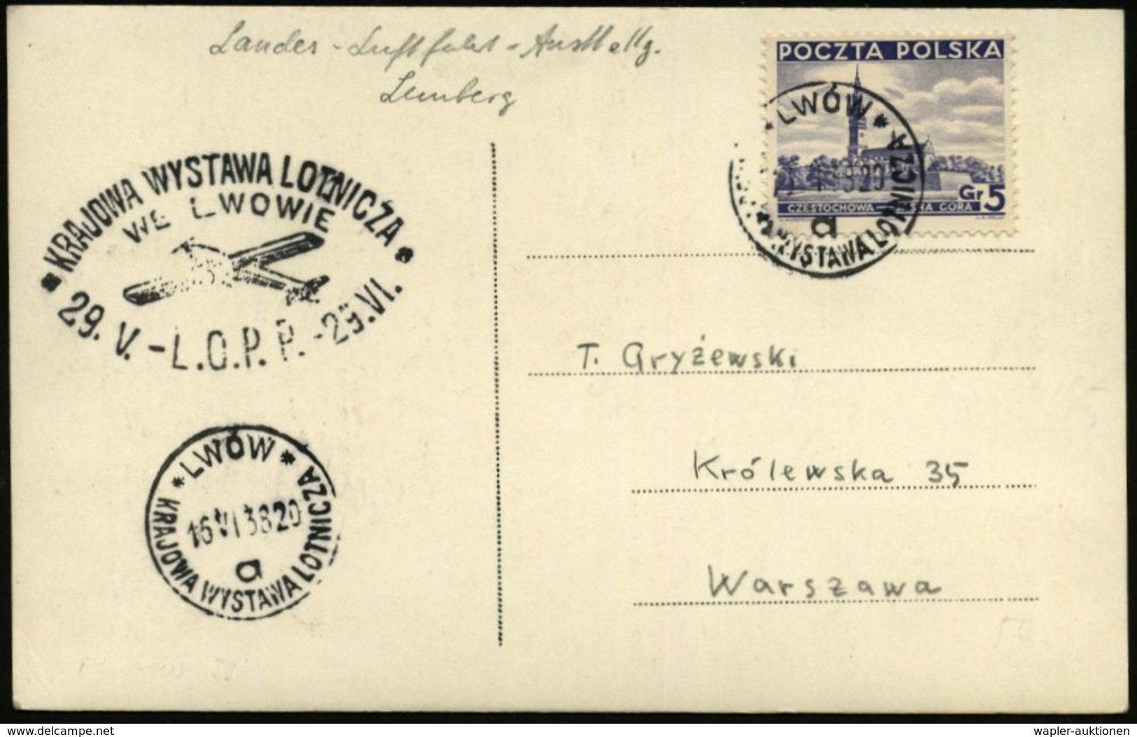 LUFTFAHRT-AUSSTELLUNGEN & KONGRESSE : POLEN 1938 (16.4.) SSt: LWOW/a/KRAJOWA WYSTAWA LOTNICZA (Luftfahrt-Ausst. Lemberg) - Flugzeuge