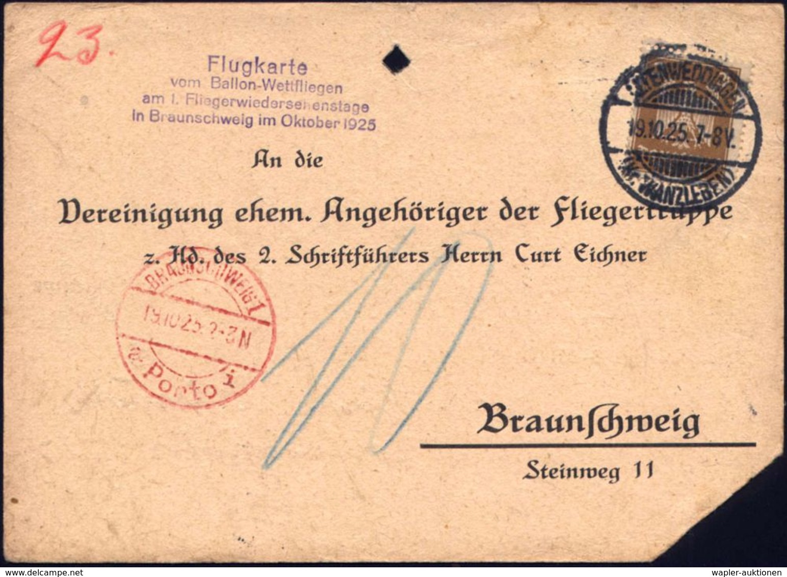 BALLON / BALLON-FELDPOST : ALTENWEDDINGEN/ (Kr.WANZLEBEN) 1925 (19.10.) 1K-Gitter + Viol. 4L: Flugkarte/vom Ballon-Wettf - Airships