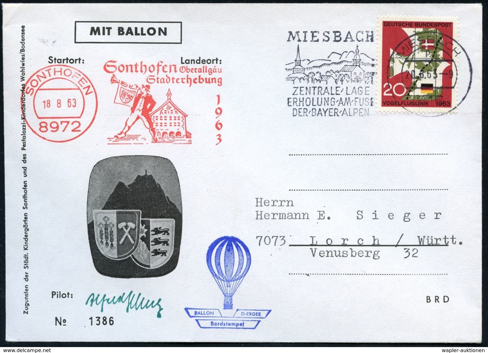 BALLON / BALLON-FELDPOST : 816 MIESBACH/ ..BAYER.ALPEN 1963 (20.8.) MWSt + AFS Ohne Wertrahmen Als Lande-Stpl.: 8972 SON - Airships