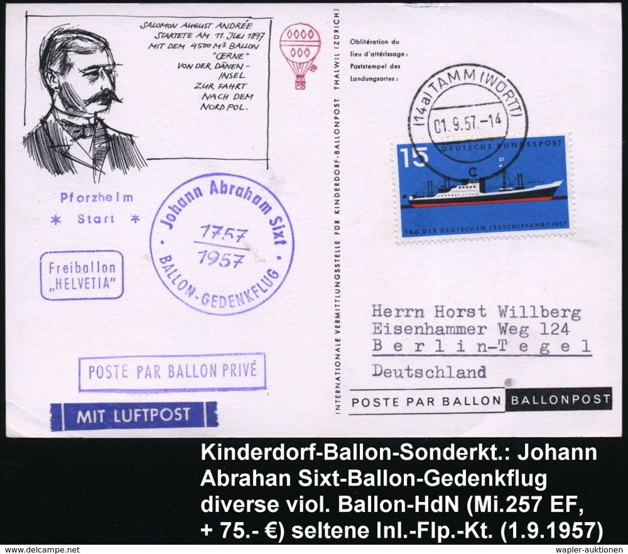 BALLON / BALLON-FELDPOST : (14a) TAMM (WÜRTT)/ C 1957 (1.9.) 2K-Steg = Landeort Auf EF 15 Pf. Seeschiffahrt (Mi.257 EF + - Fesselballons