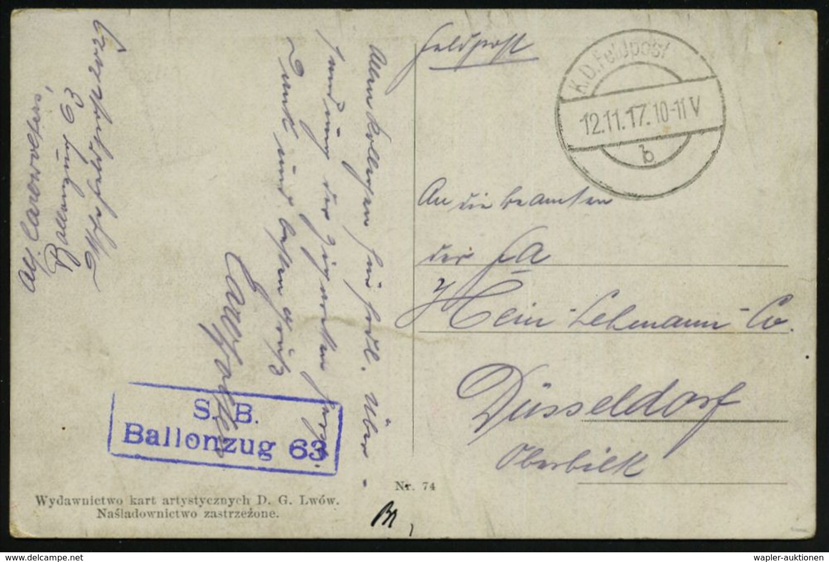 BALLON / BALLON-FELDPOST : DEUTSCHES REICH 1917 (12.11.) Aptierte 1K-Brücke: K. D. Feldpost/b = Tarnstempel + Viol. Ra.2 - Fesselballons