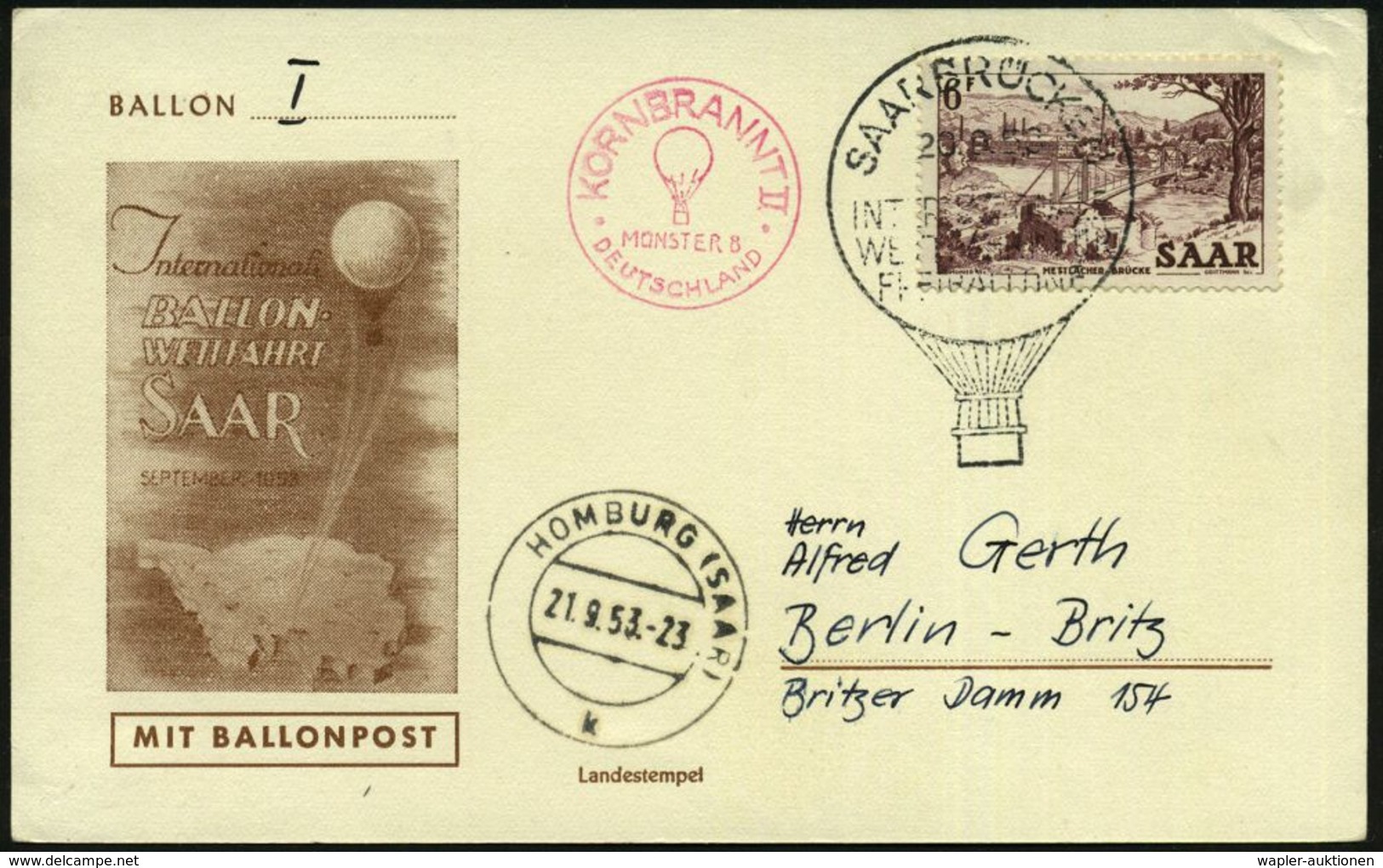 BALLON / BALLON-FELDPOST : SAAR 1953 (20.9.) SSt.: SAARBRÜCKEN/ INTERNAT./WETTFAHRT FÜR/FREIBALLONE In Ballon-Form + Rot - Airships