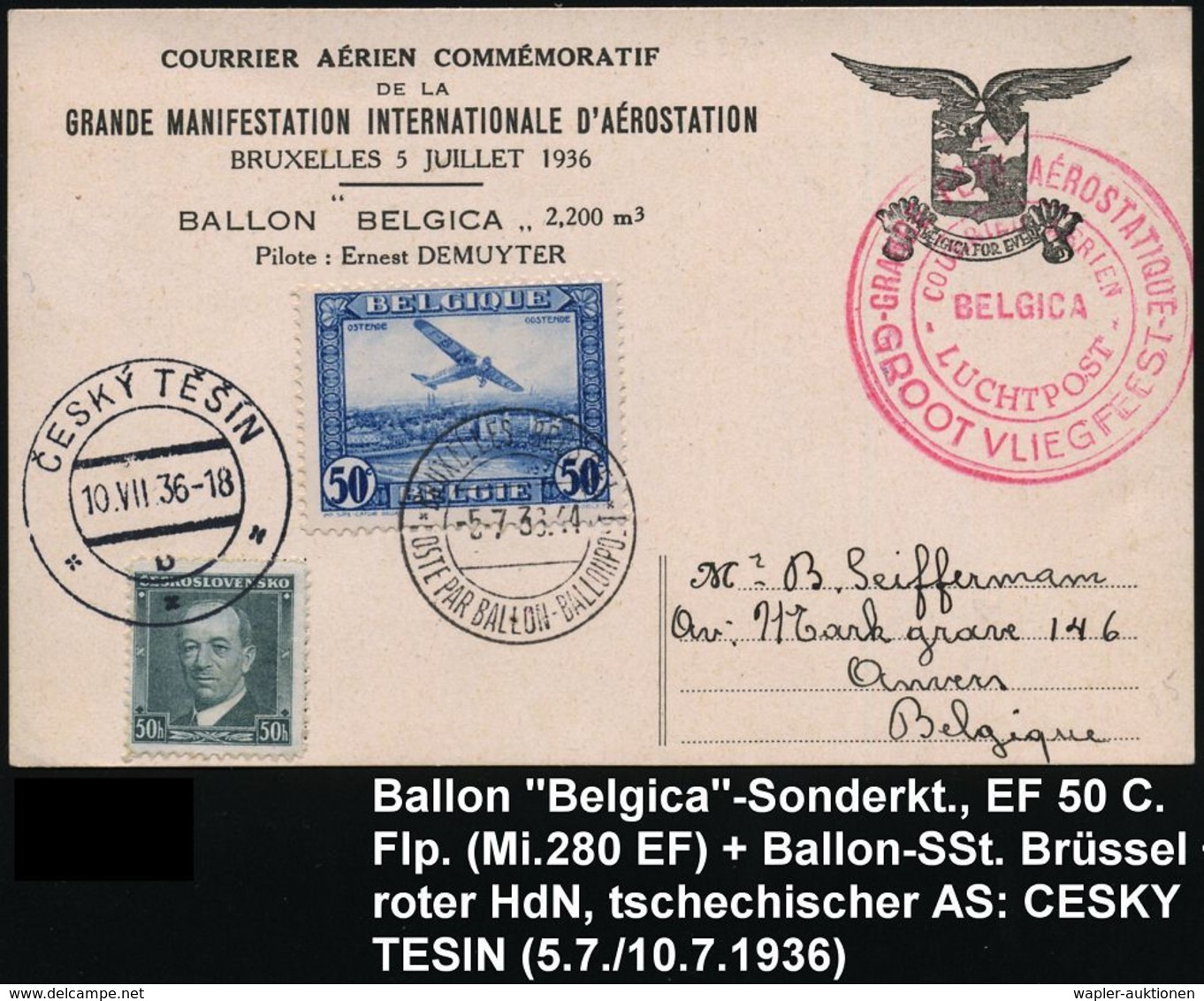 BALLON / BALLON-FELDPOST : BELGIEN /  CSR 1936 (5.7.) Ballon-Sonder-Kt: BALLON "BELGICA" M.SSt: BRUXELLES/POSTE PAR BALL - Airships