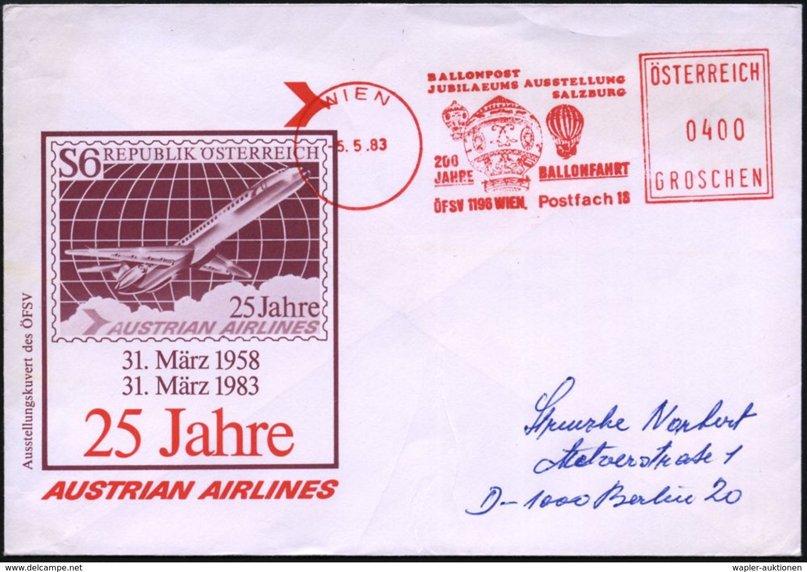 BALLON / BALLON-FELDPOST : ÖSTERREICH 1983 (5.5.) AFS.: WIEN/BALLONPOST/JUBILAEUMS AUSSTELLUNG/SALZBURG/200 JAHRE BALLON - Airships