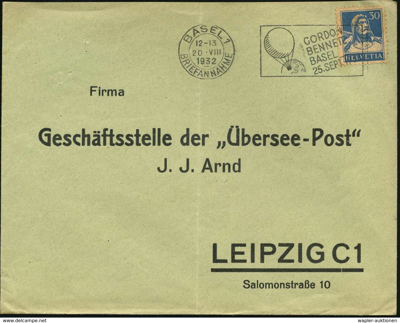 BALLON / BALLON-FELDPOST : SCHWEIZ 1932 (Aug.) Seltener MWSt: BASEL 1/GORDON/BENNETT/BASEL/25.SEPT. (Ballon/Globus) EF M - Fesselballons