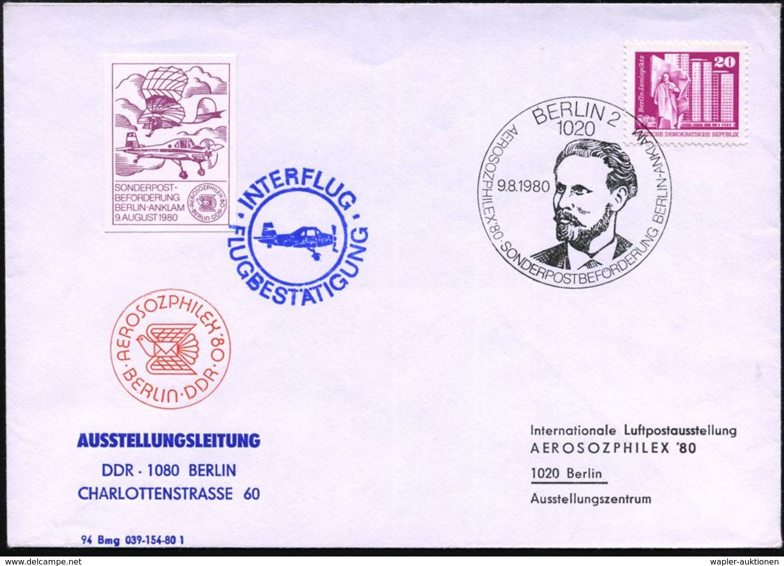 SEGELFLIEGEN / SEGELFLUGSPORT : 1020 BERLIN 2/ AEROSOZPHILA'80 SONDERPOSTBEFÖRDERUNG BERLIN-ANKLAM 1980 (9.8.) SSt = Flu - Aerei