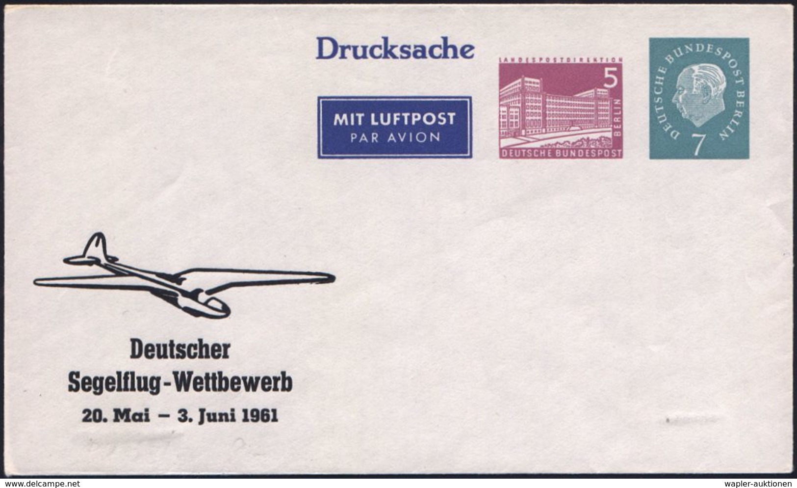 SEGELFLIEGEN / SEGELFLUGSPORT : Braunschweig 1961 LPU 5 Pf. Bauten + 7 Pf. Heuss Berlin: Deutsche Segelflug-Wettbewerb ( - Avions