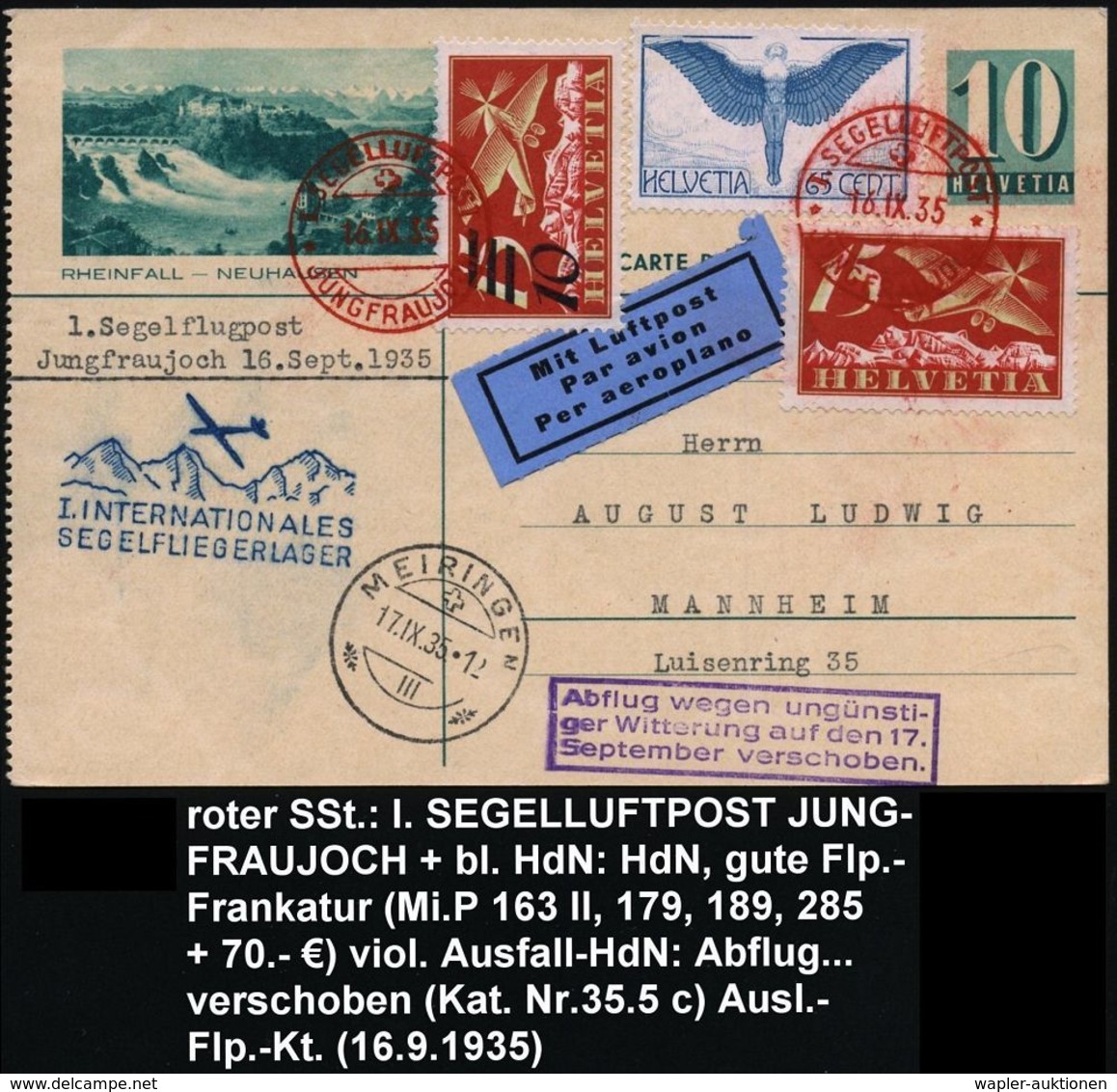 SEGELFLIEGEN / SEGELFLUGSPORT : SCHWEIZ 1935 (16.9.) Roter SSt: JUNGFRAUJOCH/I.SEGELLUFTPOST 2x Auf Flp. 65 C. "Ikarus"  - Avions