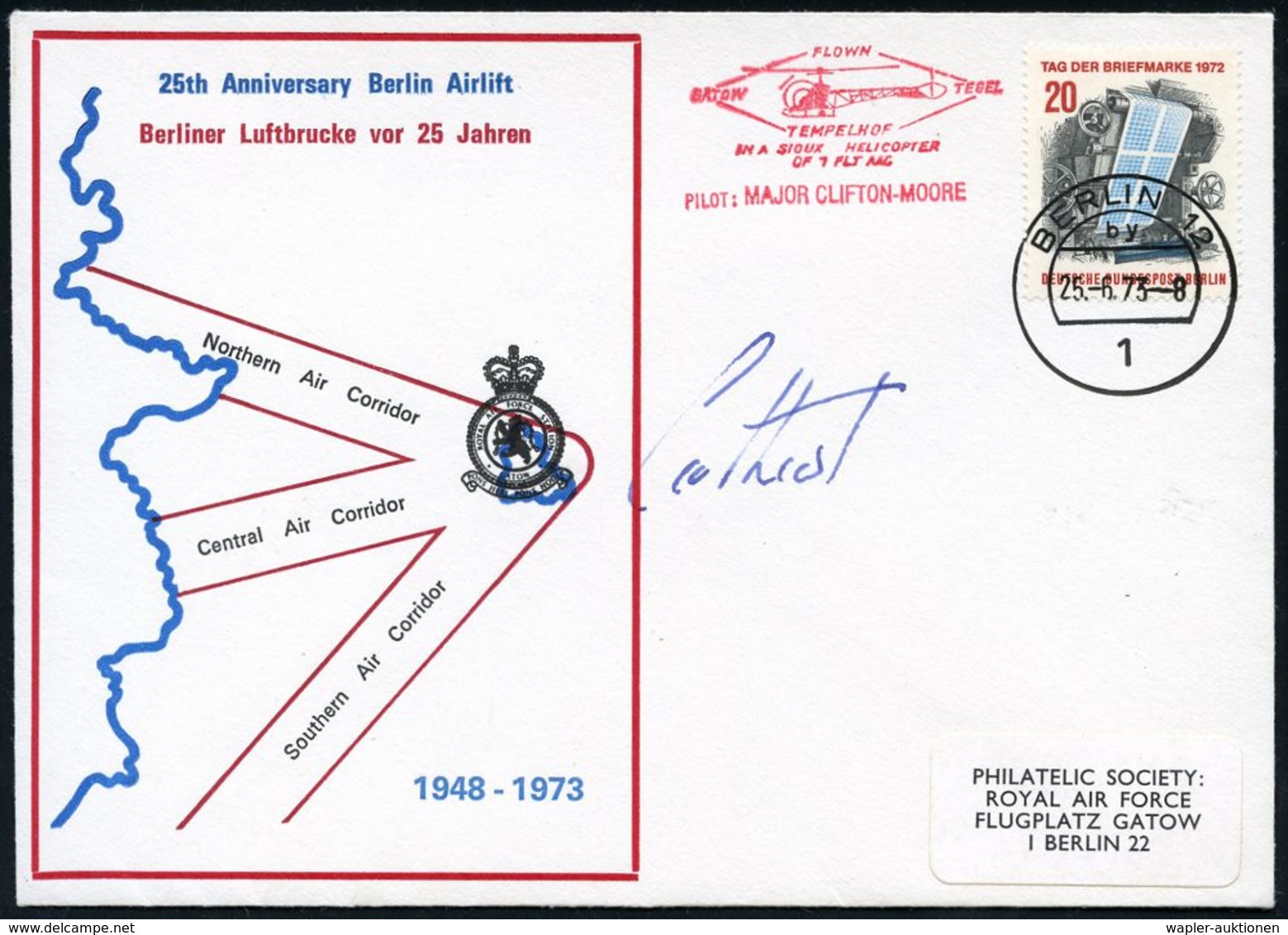 HELIKOPTER / HUBSCHRAUBERPOST : 1 BERLIN 12/ By 1973 (25.6.) 1K + Roter HdN: FLOWN/GATOW TEGEL/TEMPELHOF/IN A SIOUX HELI - Hélicoptères