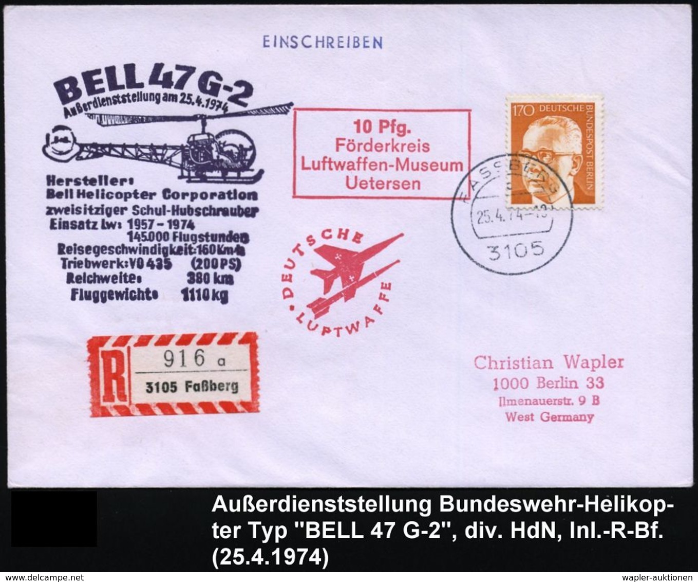 HELIKOPTER / HUBSCHRAUBERPOST : 3105 FASSBERG/ C 1974 (25.4.) 1K + HdN: BELL 47 G-2/Außerdienststellung 25.4.1974 + RZ:  - Hubschrauber