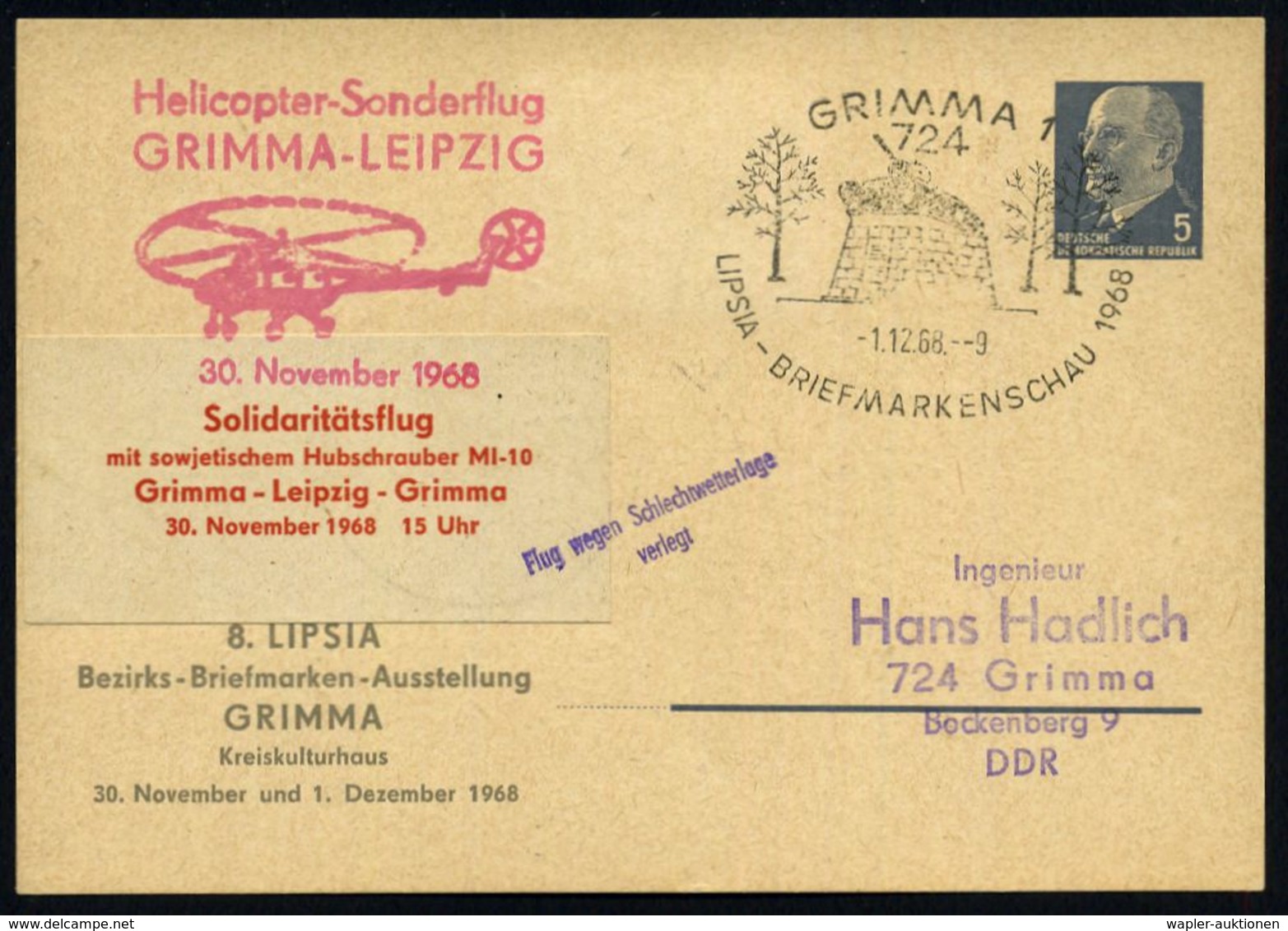 HELIKOPTER / HUBSCHRAUBERPOST : 724 GRIMMA 1/ LIPSIA-BRIEFM.SCHAU 1968 (1.12.) SSt = T-34 Denkmal Auf PP 5 Pf. Ulbricht: - Helicopters