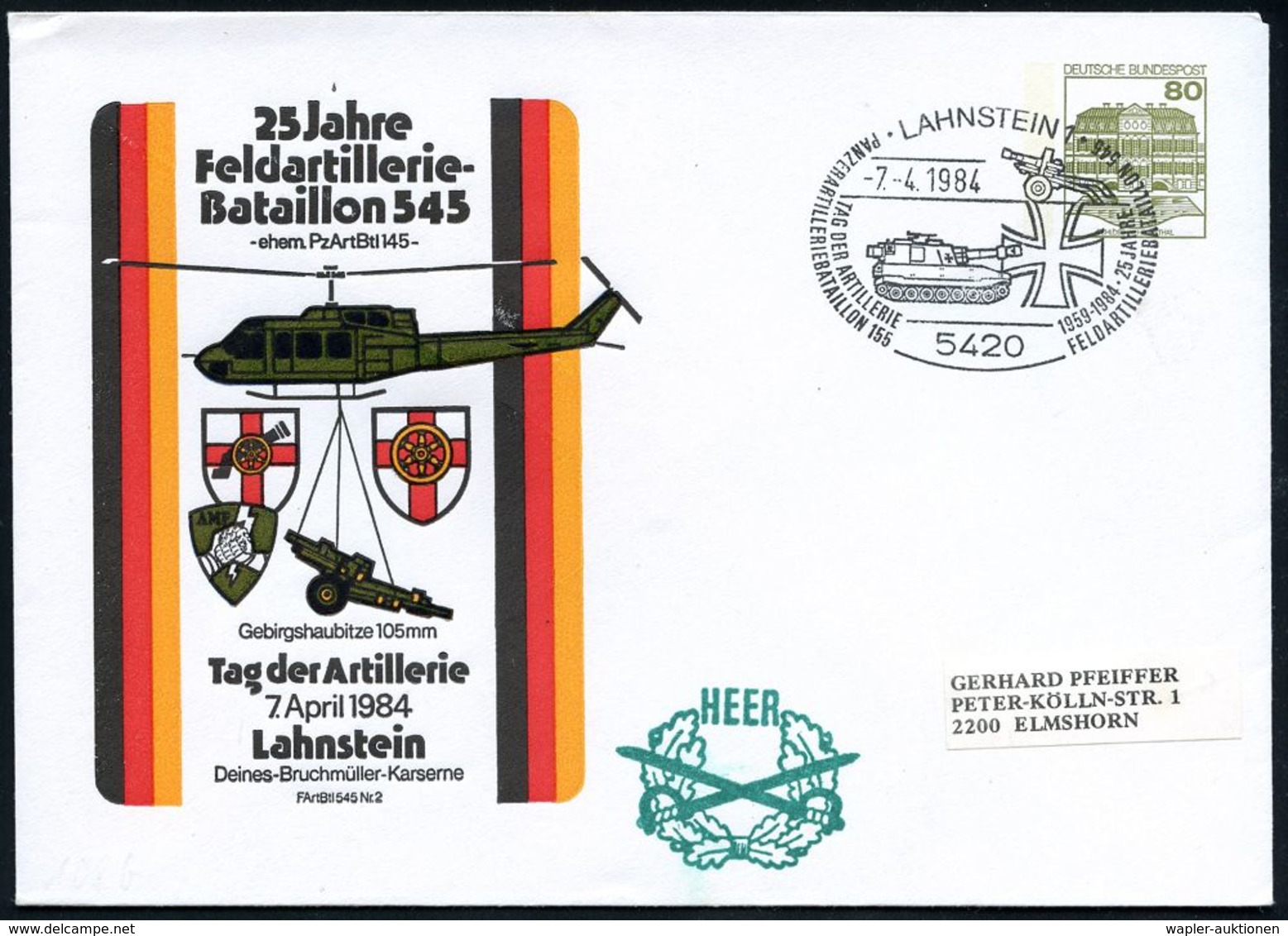 HELIKOPTER / HUBSCHRAUBERPOST : 5420 LAHNSTEIN 1/ TAG DER ARTILLERIE.. 1984 (7.4.) SSt = Selbstfahrlafette Auf Passendem - Helicopters
