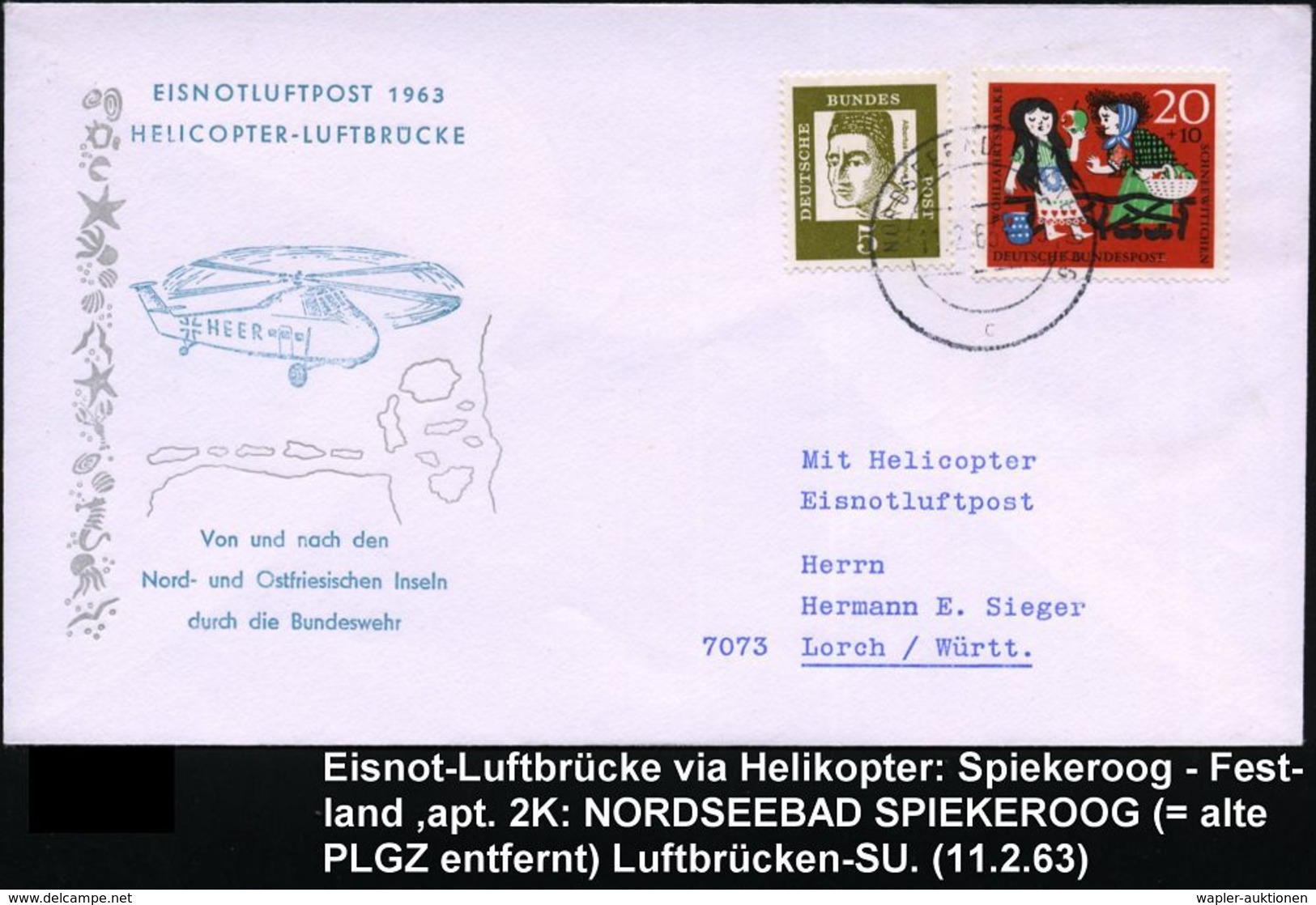 HELIKOPTER / HUBSCHRAUBERPOST : SPIEKEOOG NORDSEEBAD/ C 1963 (11.2.) Aptierter 2K-Steg (alte PLGZ Entfernt) Helikopter-S - Hélicoptères