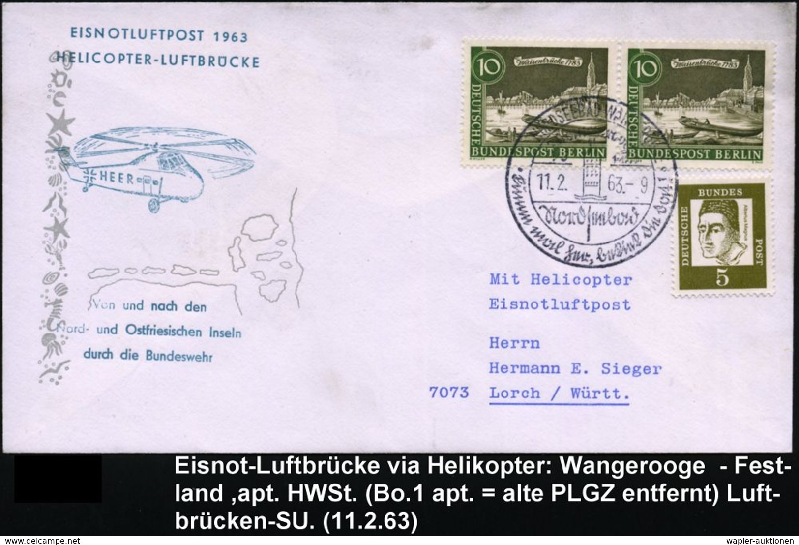 HELIKOPTER / HUBSCHRAUBERPOST : WANGEOOGE NORDSEEBAD/ ..Nordseebad 1963 (11.2.) Aptierter HWSt In Sütterlin (PLGZ Entfer - Elicotteri