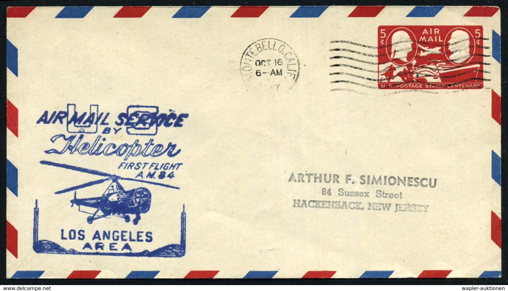 HELIKOPTER / HUBSCHRAUBERPOST : U.S.A. 1947 (16.10.) 5 C. U "100 Jahre Briefmarke" Rot + Blauer HdN: Helicopter/FIRST FL - Hélicoptères