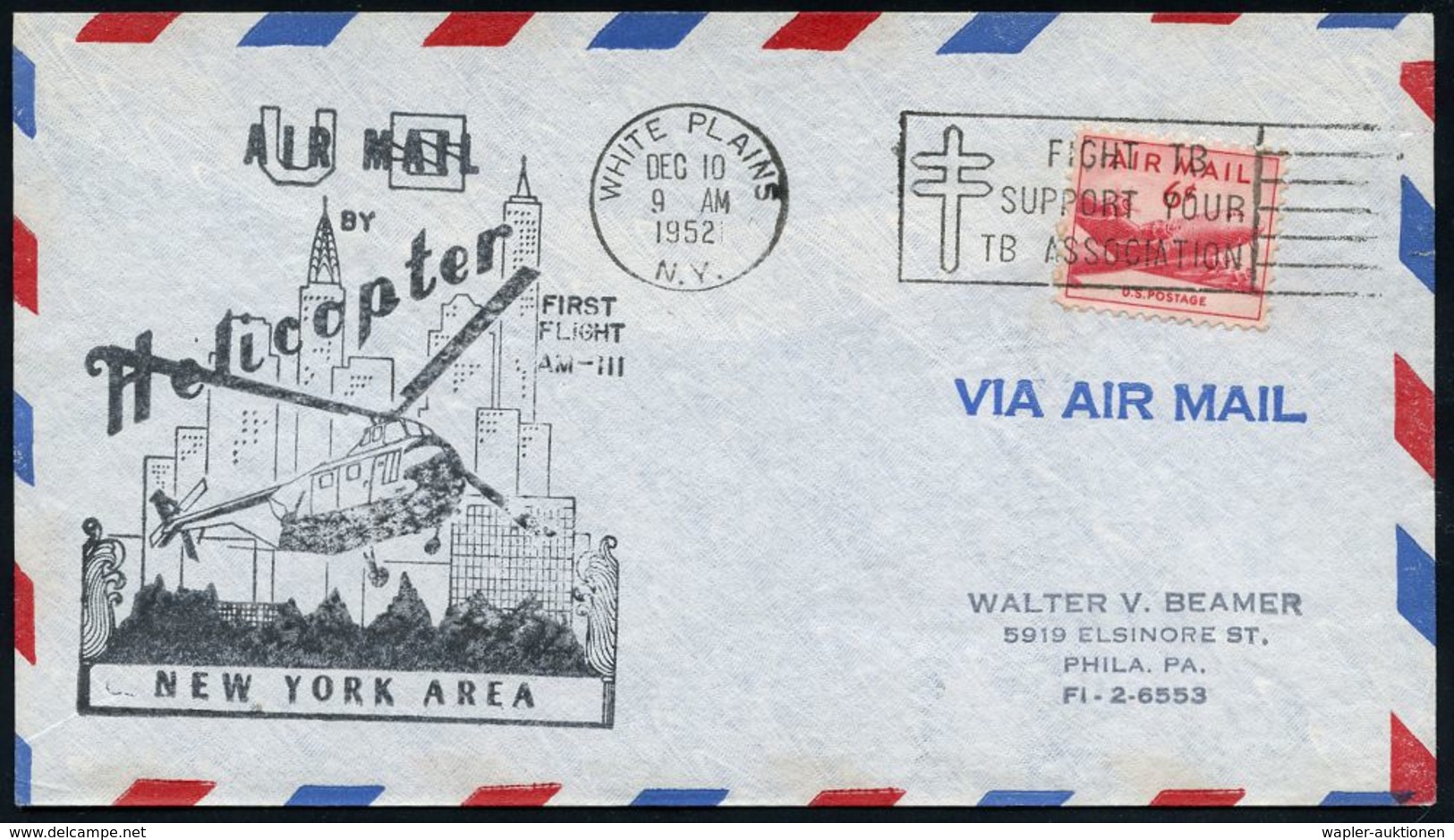 HELIKOPTER / HUBSCHRAUBERPOST : U.S.A. 1952 (10.12.) Helikopter-Erstflug (AM-III): White Plains - Air Mail Field New Yor - Hélicoptères