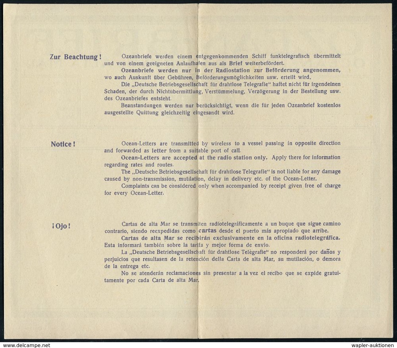 FUNK / FUNKWELLEN / AMATEURFUNK / MORSEN : DEUTSCHES REICH 1926 OZEAN-BRIEF/ OCEAN-LETTER, Orig. Debeg-Telegramm (debeg- - Ohne Zuordnung