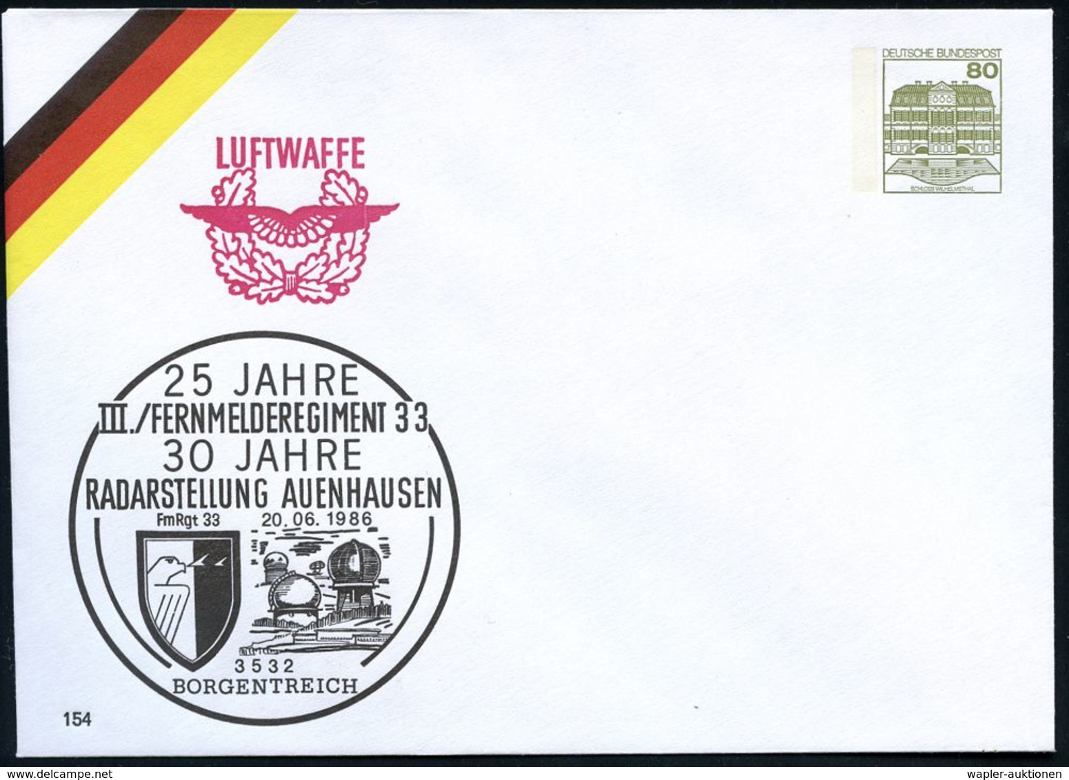 MILITÄRISCHES FUNKWESEN : 3532 Borgenteich 1986 (20.6.) PU 80 Pf. Burgen, Oliv: 25 JAHRE III. FERNMELDEREGIMENT 33, 30 J - Unclassified