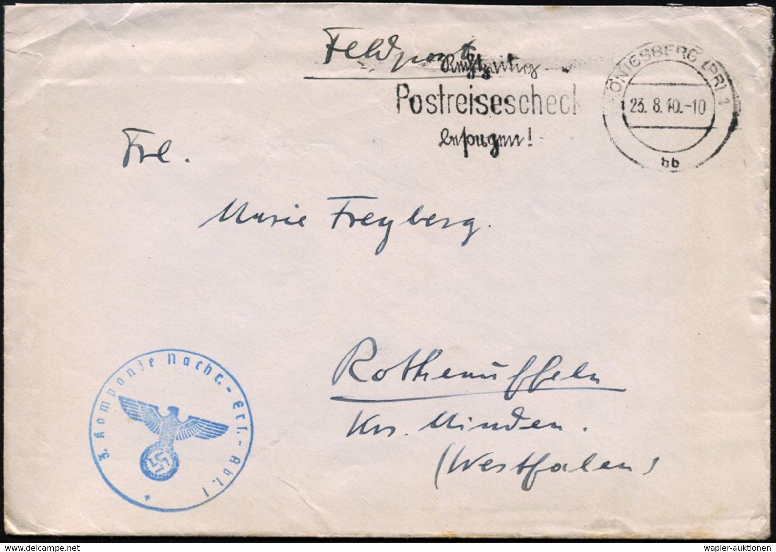 MILITÄRISCHES FUNKWESEN : KÖNIGSBERG (PR) 1/ Bb/ Rechtzeitig/ Postreisescheck/ Besorgen! 1940 (23.8.) MWSt, Teils Sütter - Unclassified