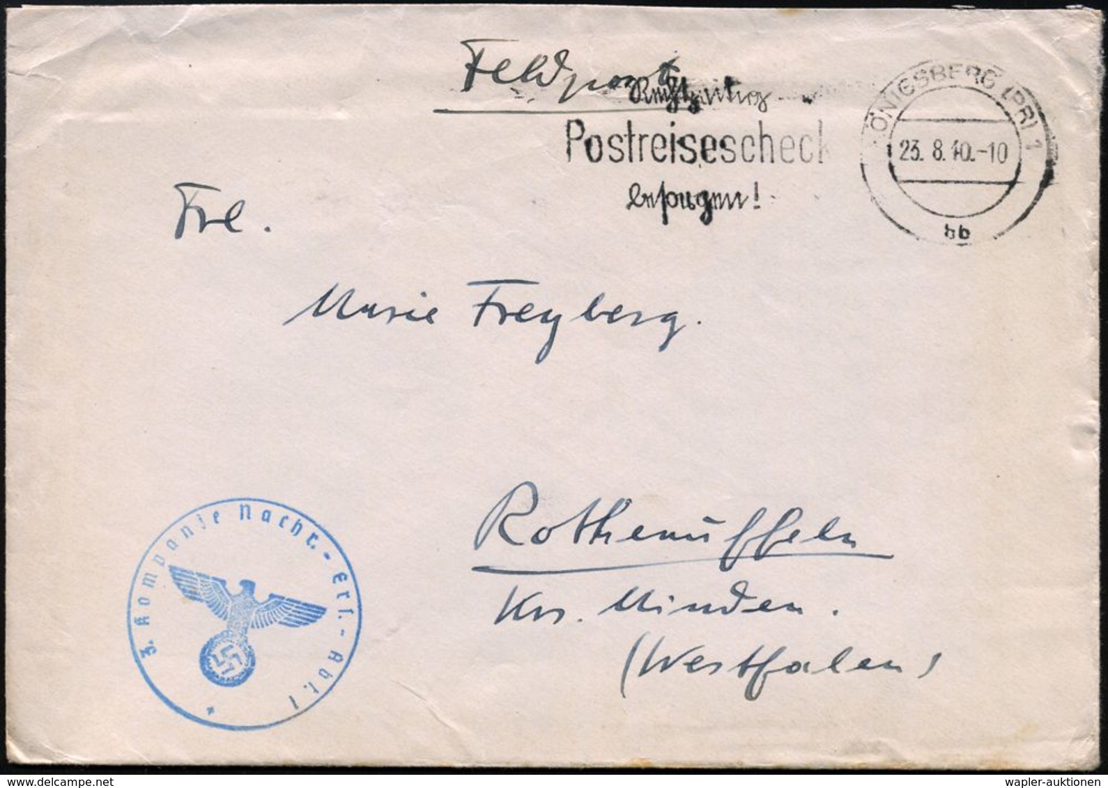 MILITÄRISCHES FUNKWESEN : KÖNIGSBERG (PR) 1/ Bb/ Rechtzeitig/ Postreisescheck/ Besorgen! 1940 (23.8.) MWSt, Teils Sütter - Non Classés